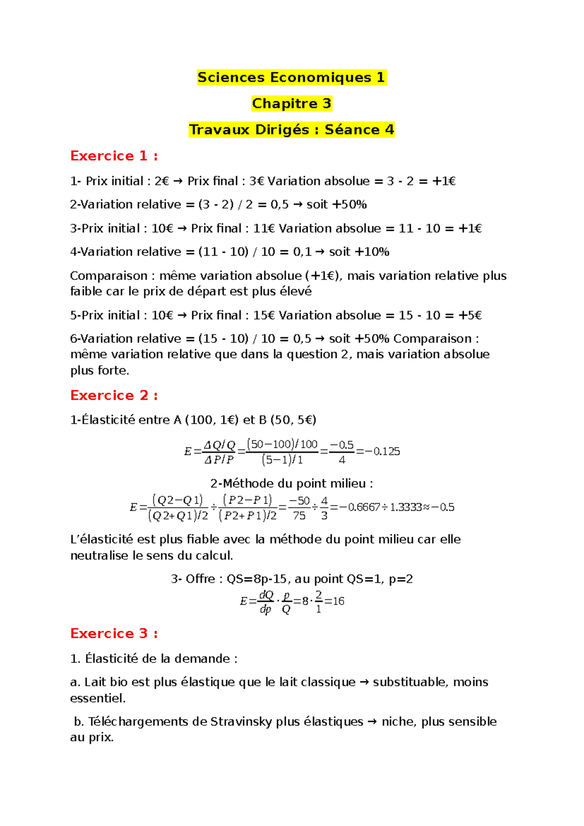 Sciences Économiques 1 TD4 : Chapitre 3 Exercices et Analyses - Studocu