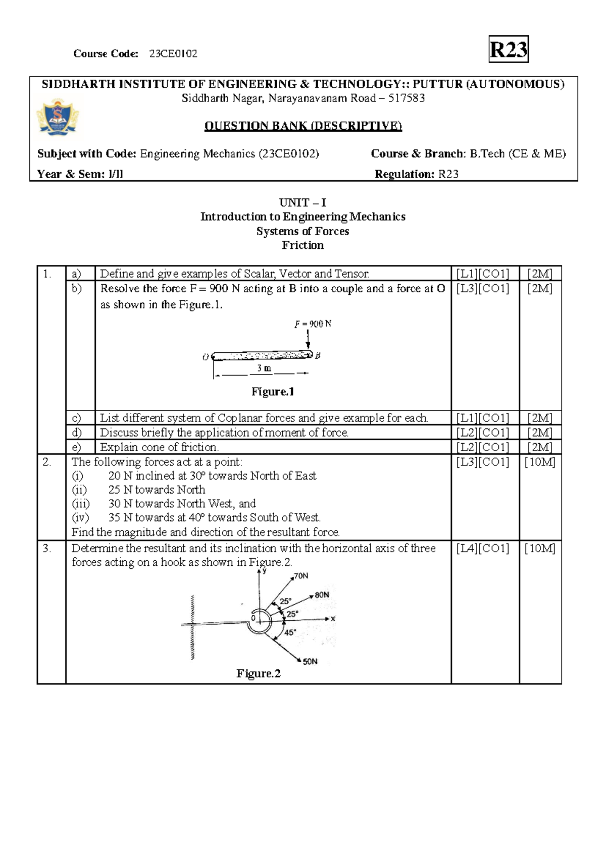 R23 Engineering Mechanics Question Bank (Descriptive) - 23CE0102 - Studocu