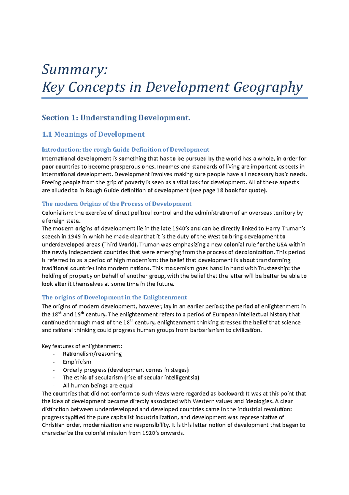 Summary of Key Concepts in Development Geography (POTTER401) - Studeersnel