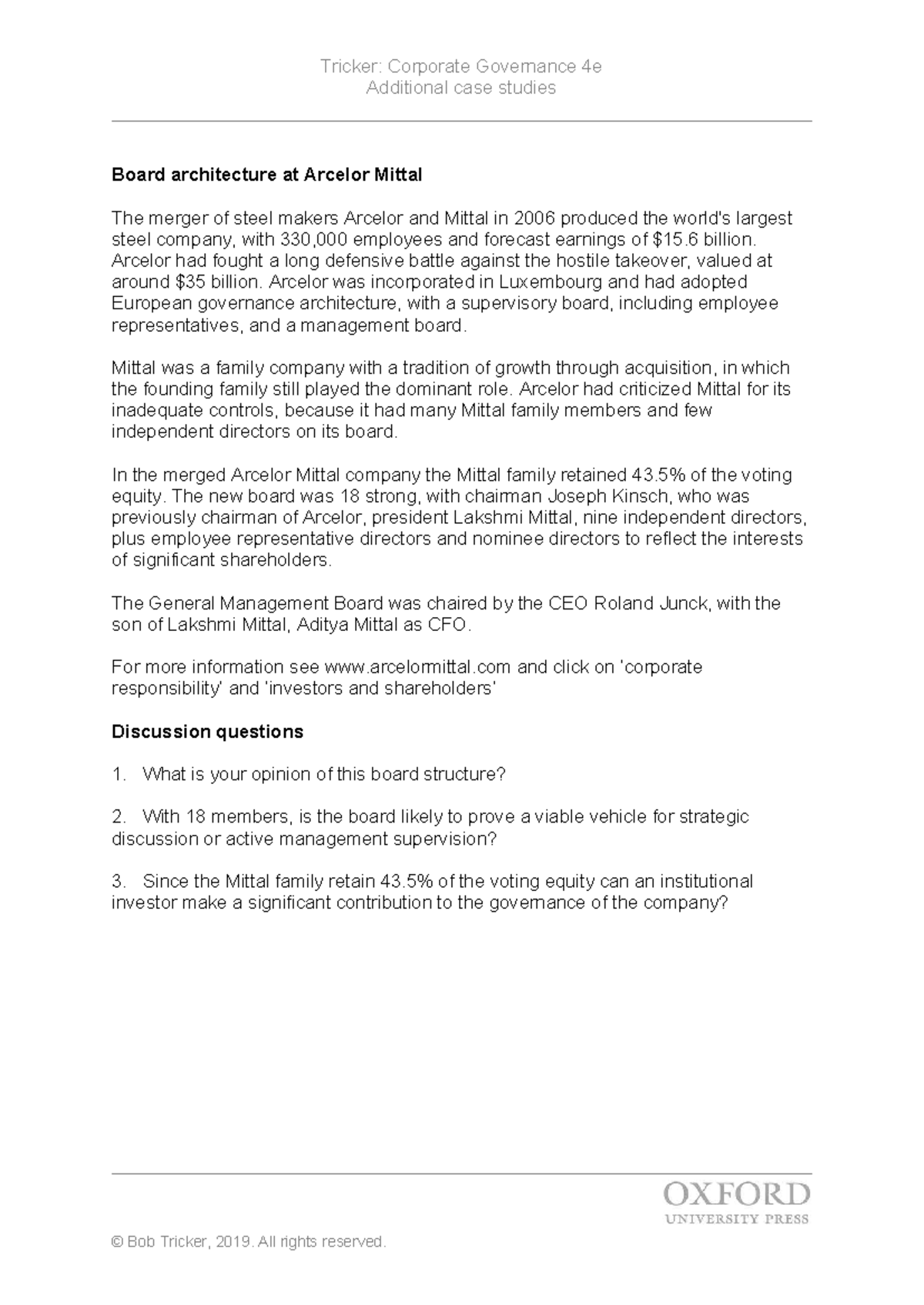 Tricker: Corporate Governance 4e Case Study on Arcelor Mittal Board ...