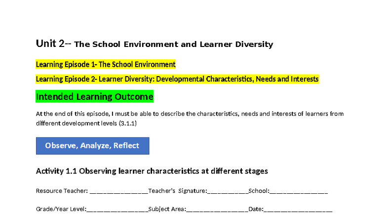 ED 214 Unit 2 - FS1 - Unit 2- The School Environment and Learner ...