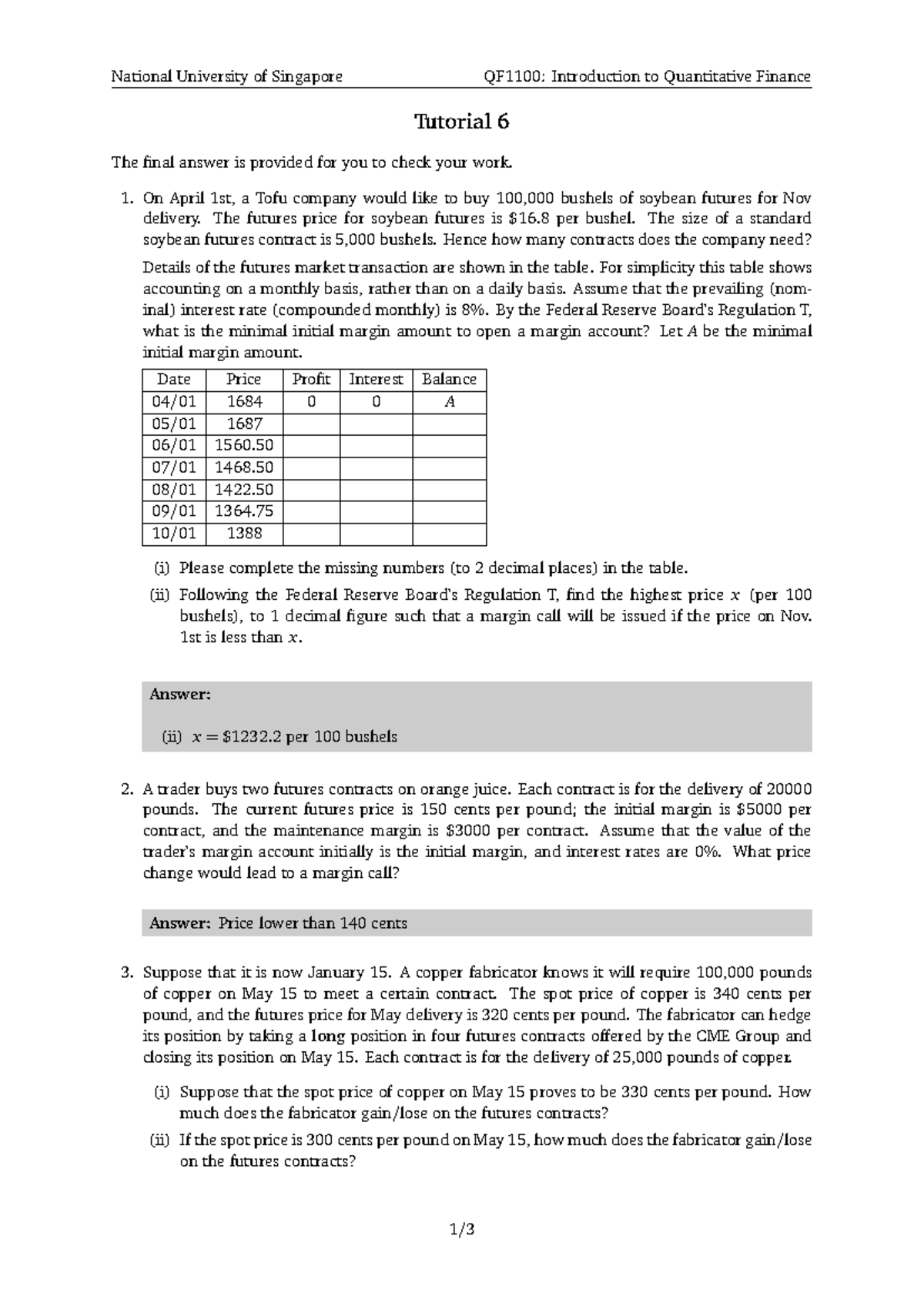 National University of Singapore QF1100: Quantitative Finance Tutorial ...