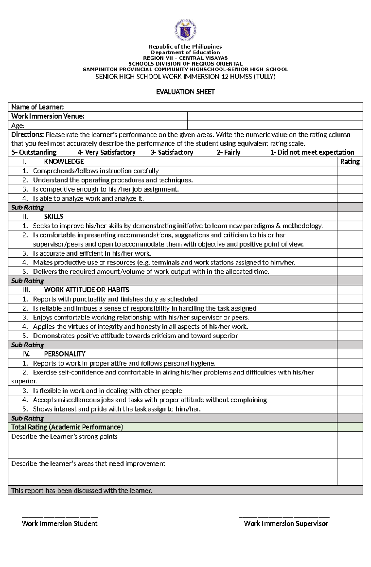 Work Immersion Evaluation Sheet for 12 HUMSS (Tully) - Studocu