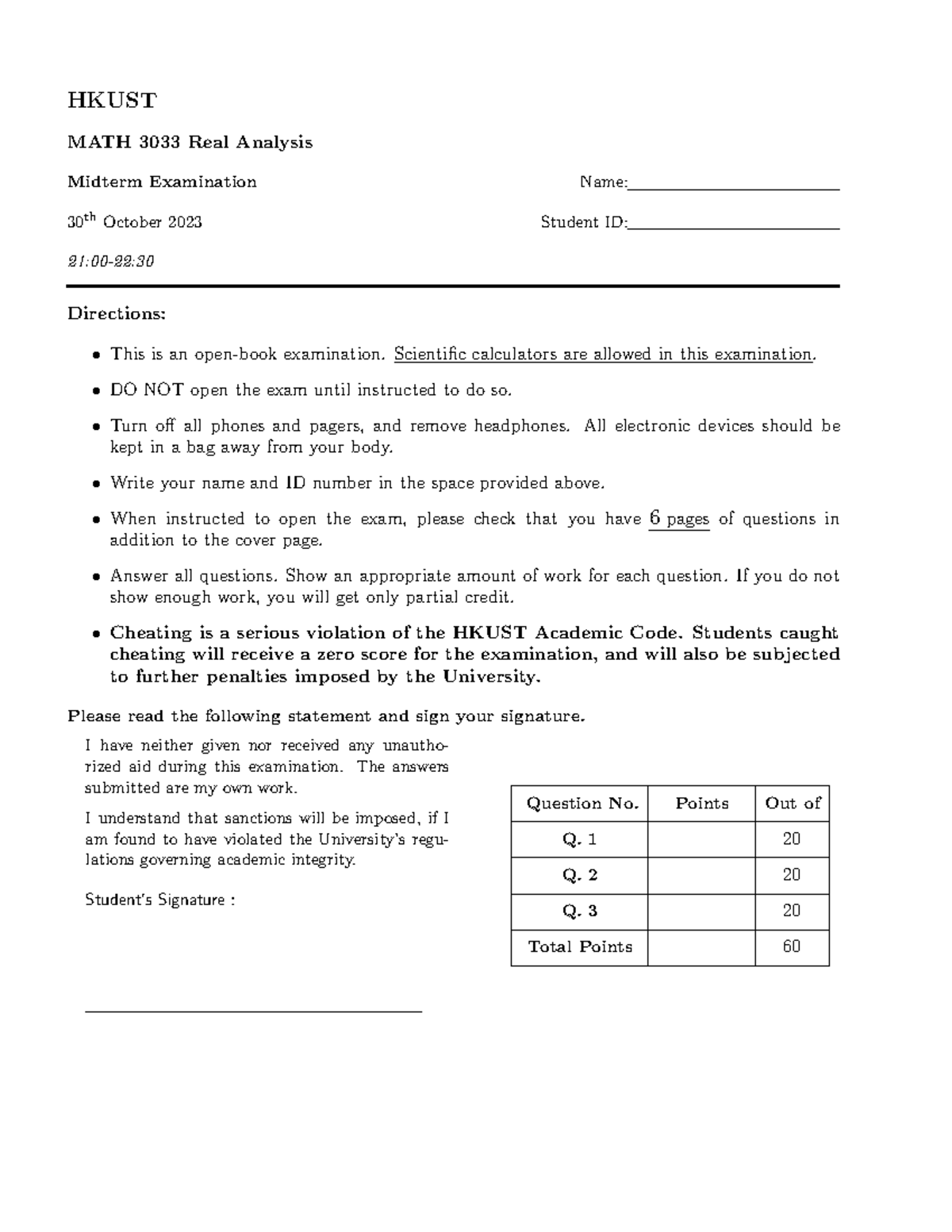 HKUST MATH 3033 Real Analysis Midterm Exam Solutions - Oct 30, 2023 ...