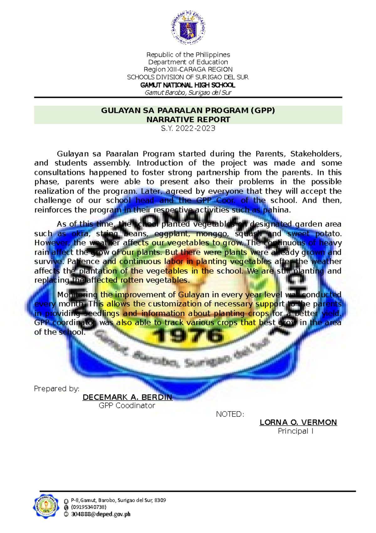 GPP Narrative Report on Gulayan sa Paaralan Program S.Y. 2022 - Studocu