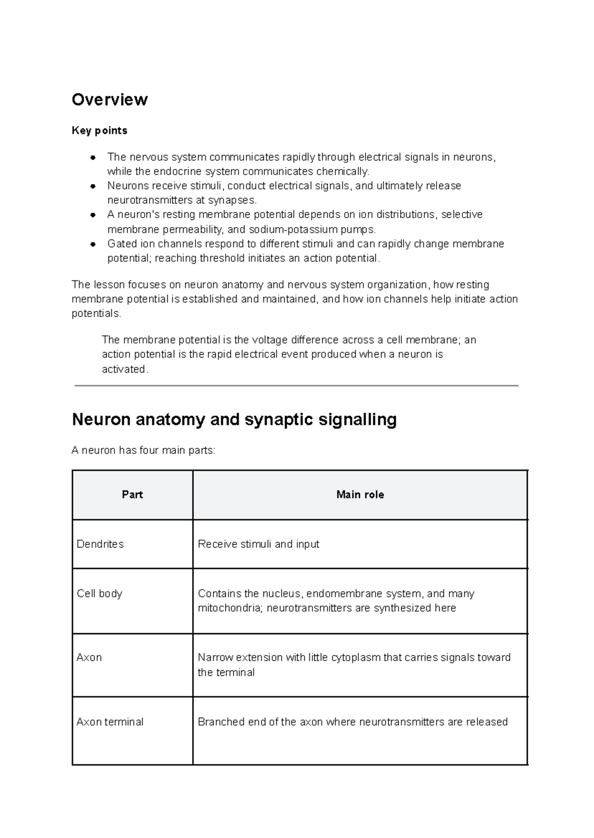 Lesson 6 Overview: Nervous System & Neuron Function (Biol 225) - Studocu
