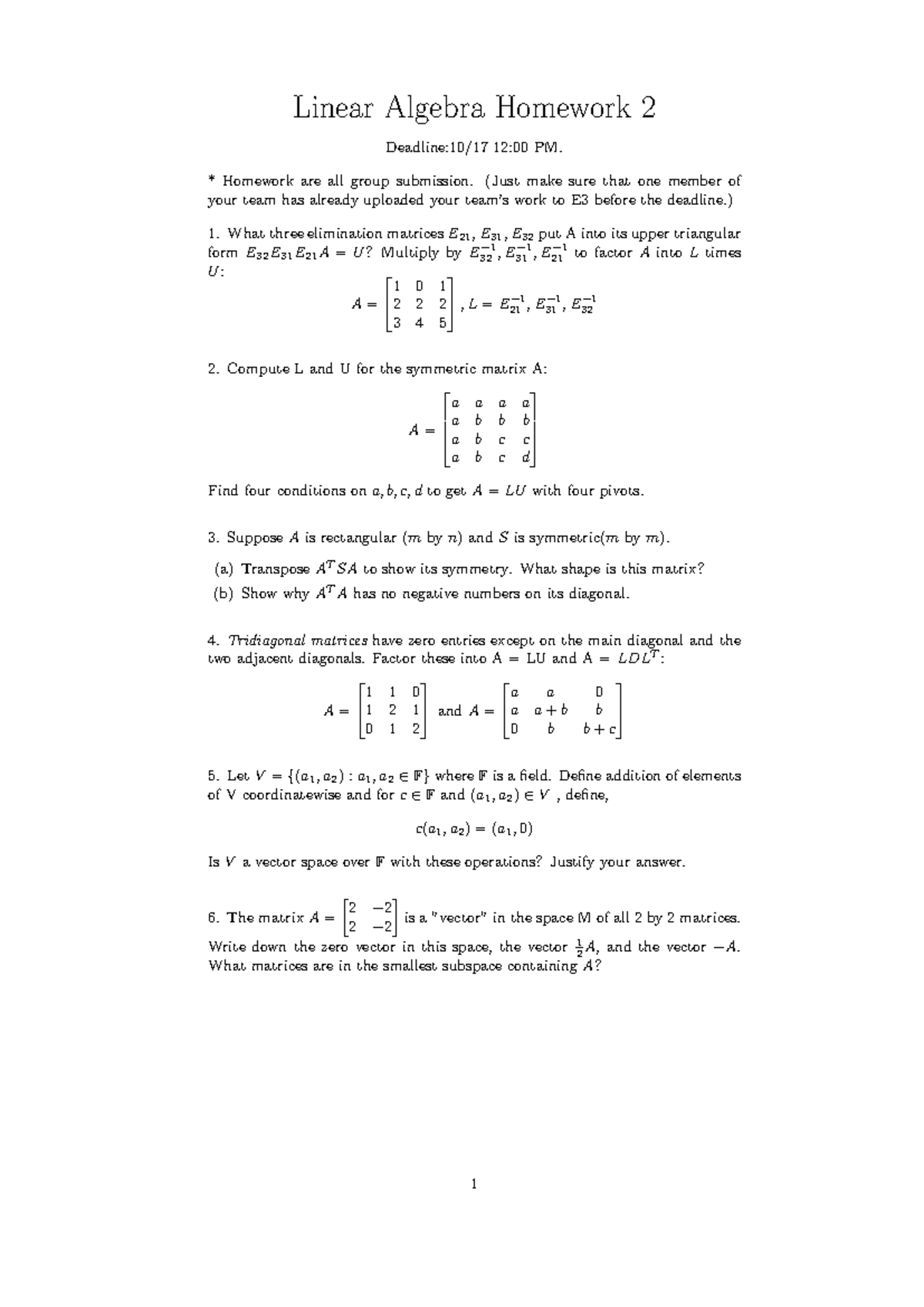 LA hw2 - Homework - Linear Algebra Homework 2 Deadline:10/17 12:00 PM ...