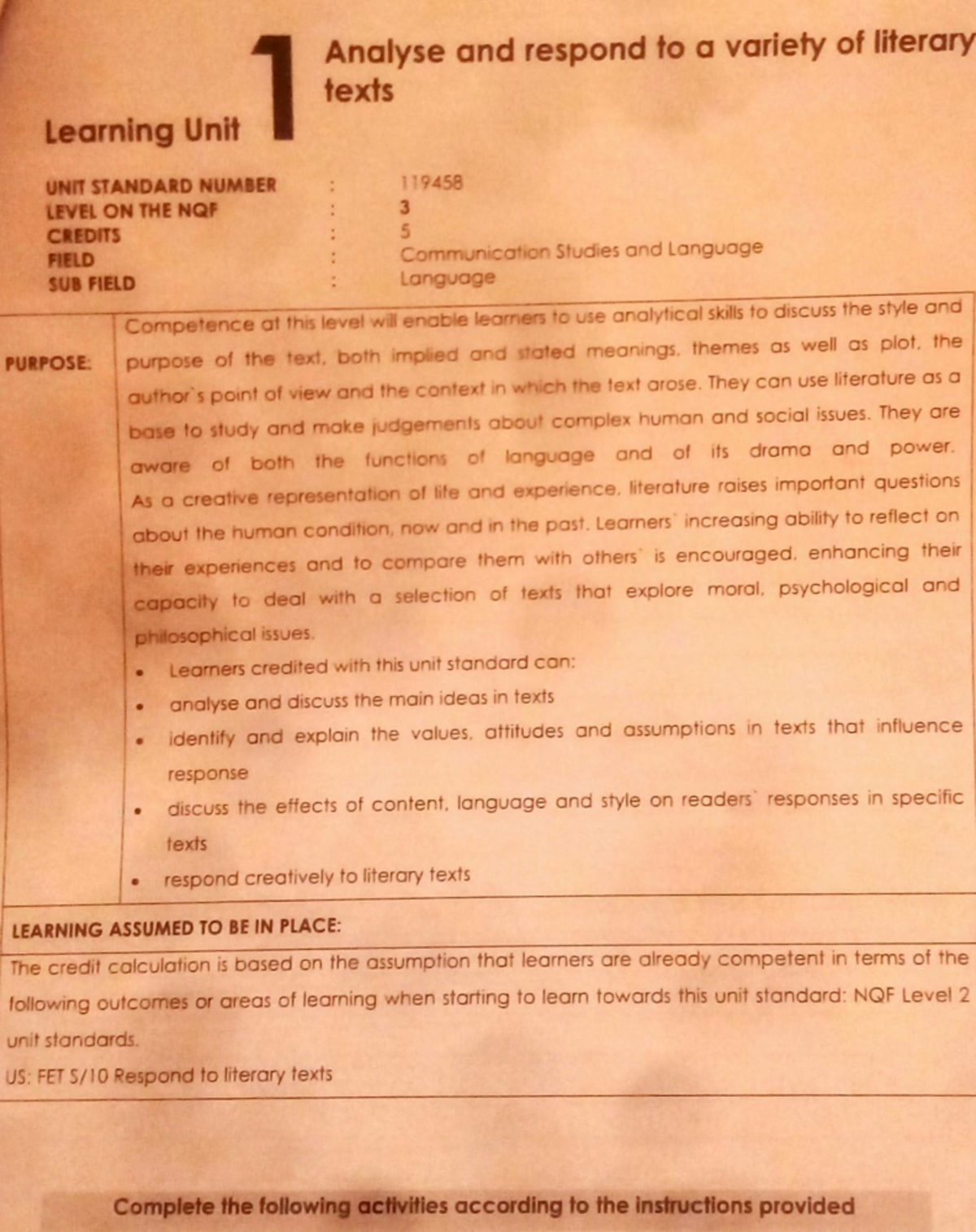 119458 - Literary Analysis and Response Strategies for Unit Standard ...