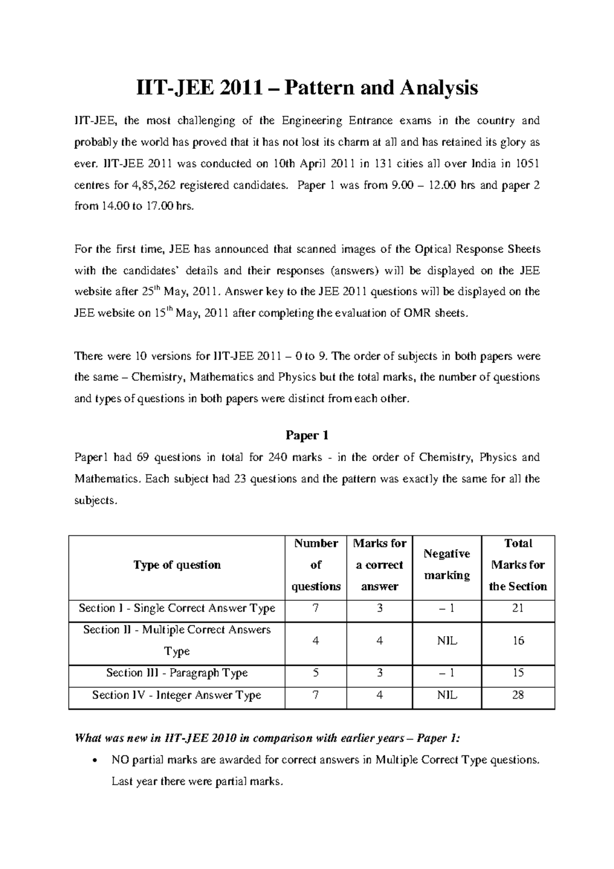 IIT-JEE Adv. 2011 Analysis: Insights on Paper 1 & 2 Breakdown - Studocu