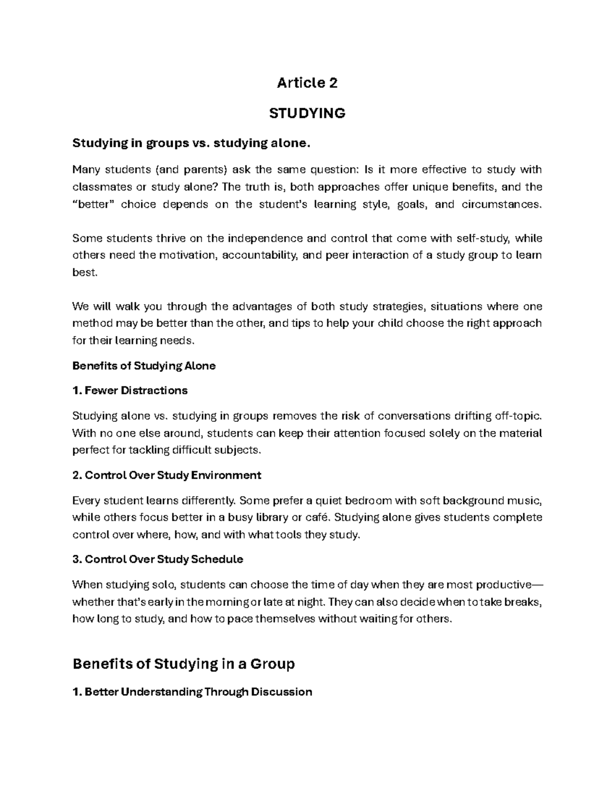 Group Studying vs. Individual Studying: A Comparative Analysis (Reading ...