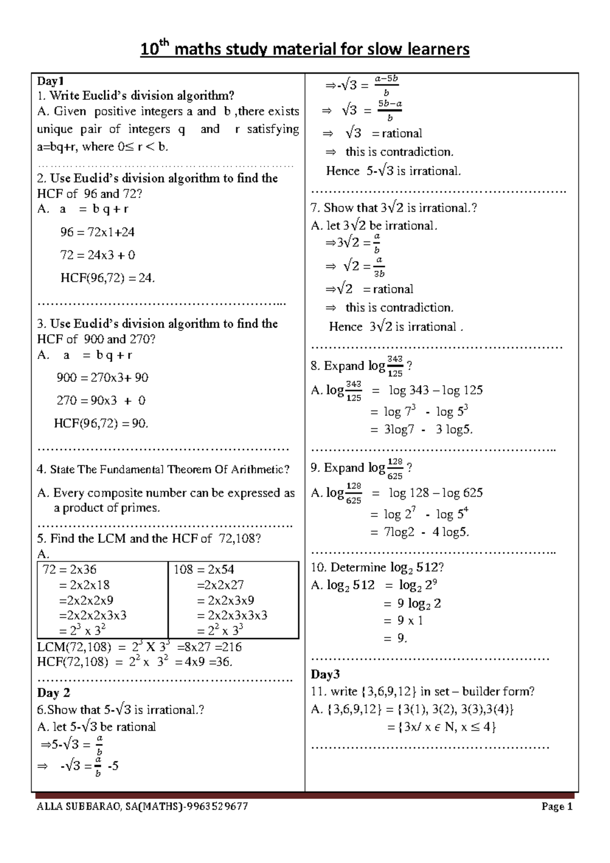 10th Grade Maths Study Material for Slow Learners - Studocu