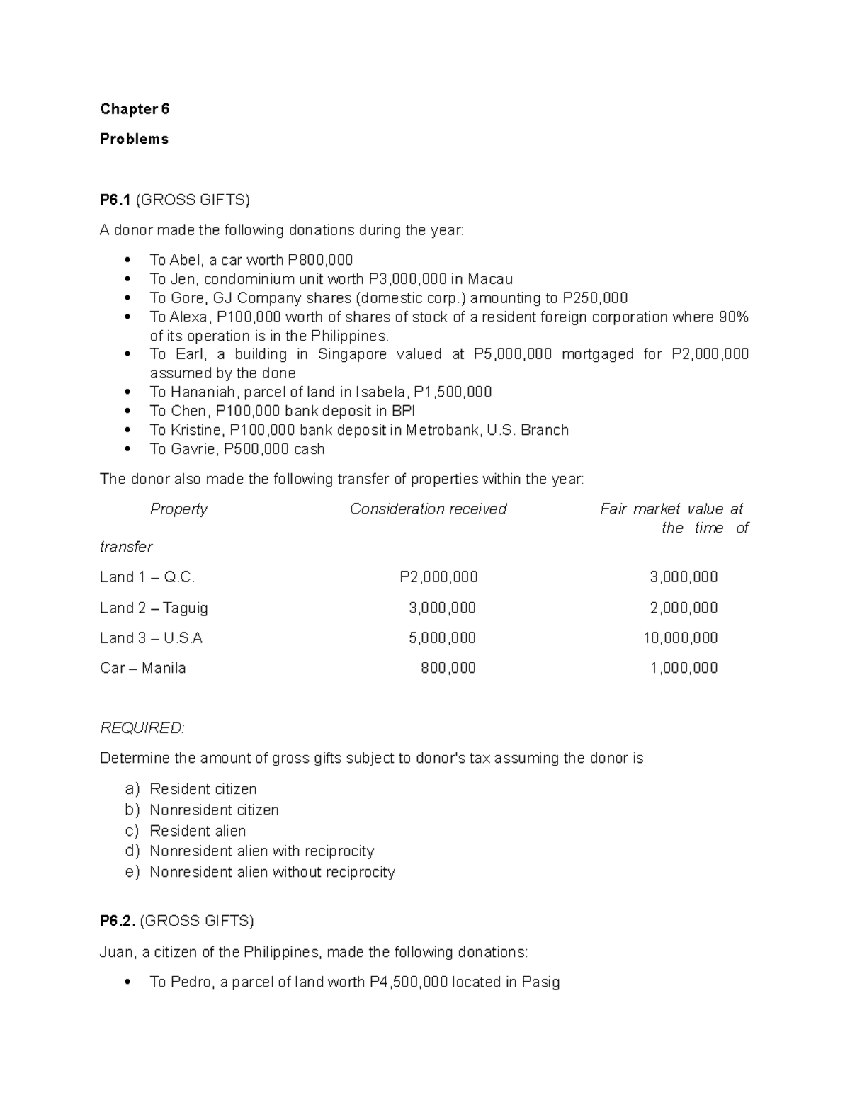 C6 Chapter 6 Problem Exercises on Gross Gifts and Donations Taxation ...