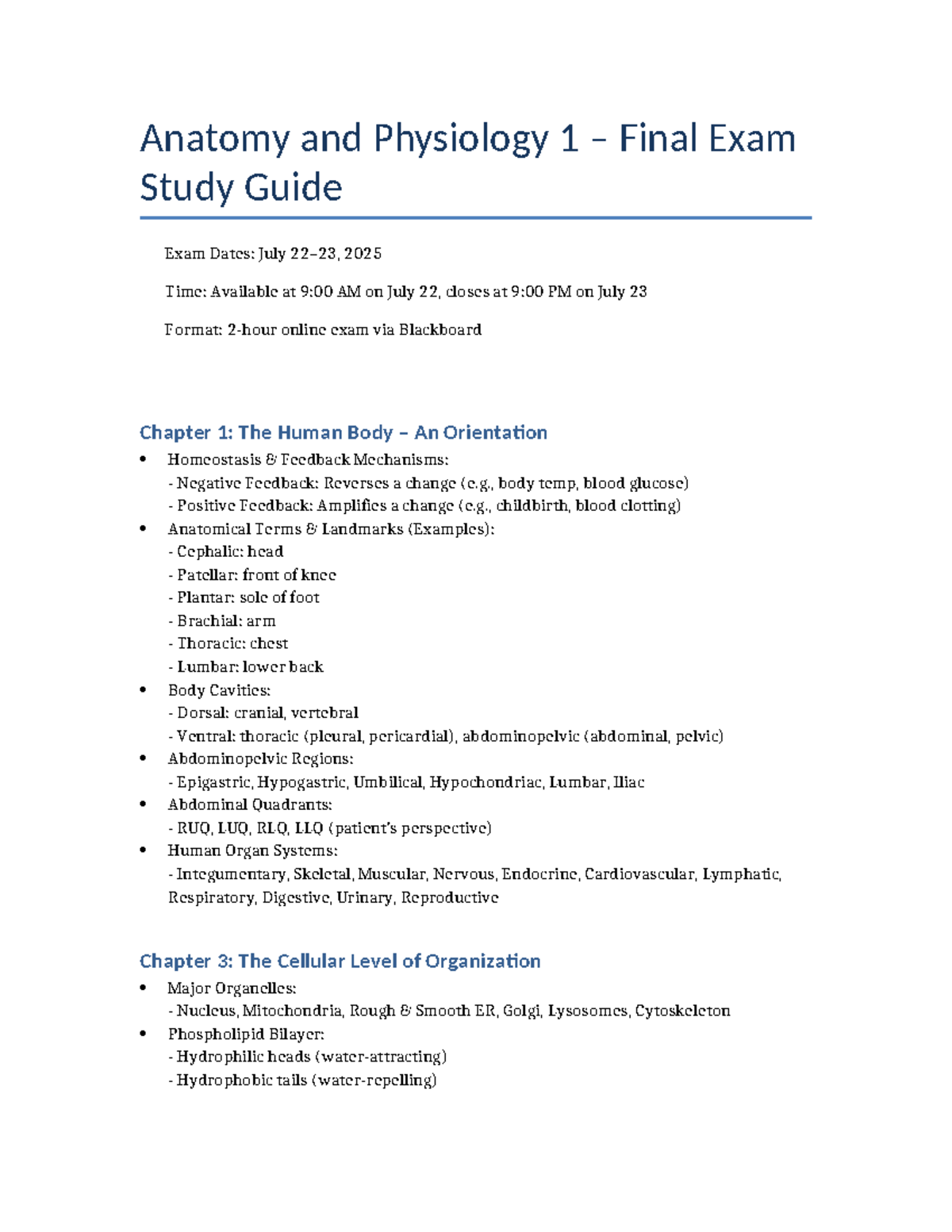 Anatomy and Physiology 1 Final Exam Study Guide (July 2025) - Studocu