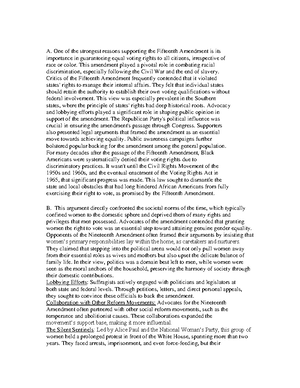 Task 2 d267 us history - A. The 15th Amendment was a step towards ...