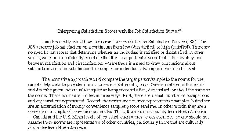 Job Satisfaction Survey (JSS) Score Interpretation Guide - Studocu