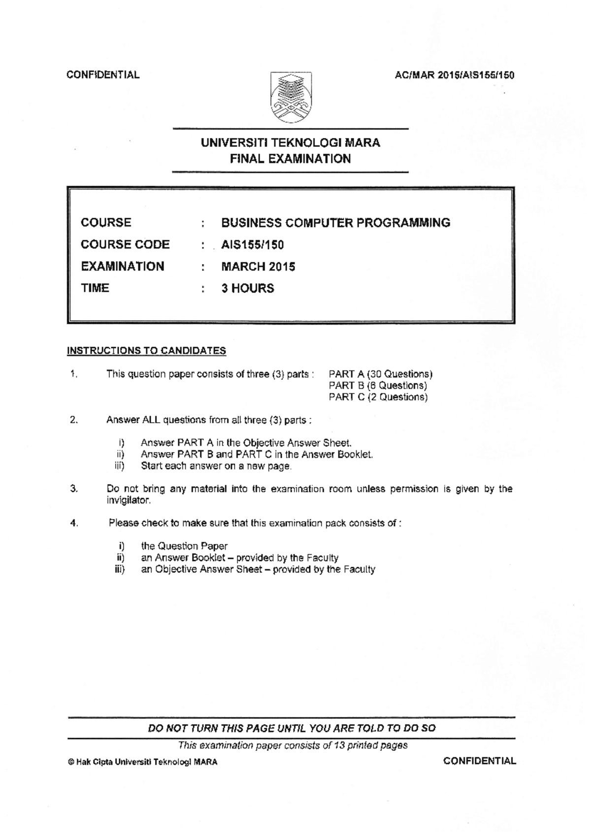AIS155 March 2015 - EXAM QUESTION 2015 - Business computer programming ...