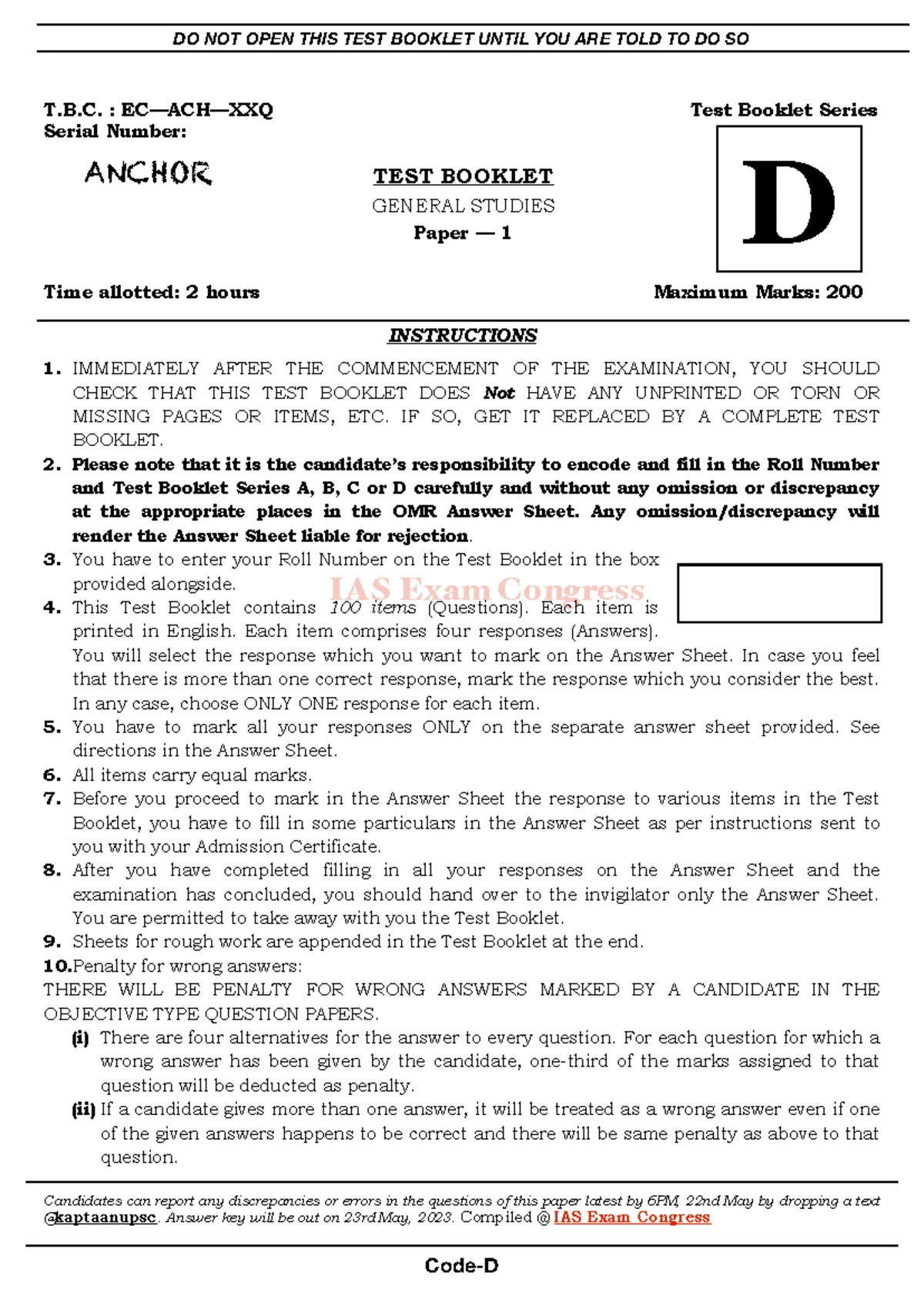 General Studies Test Booklet Paper 1 - Code C (2 Hours, 200 Marks ...