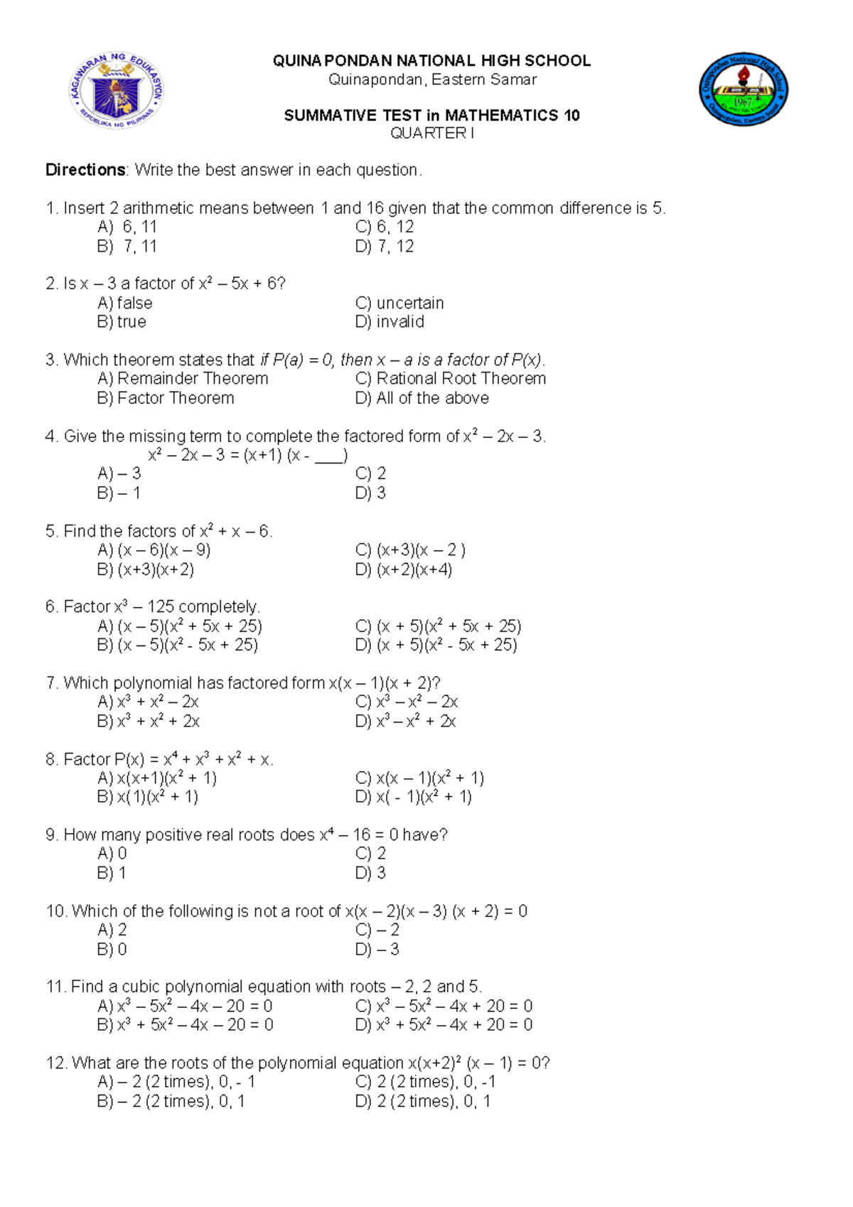ST TOS MATH10 Q1 - Summative Test (Table of Specification) for Quarter ...