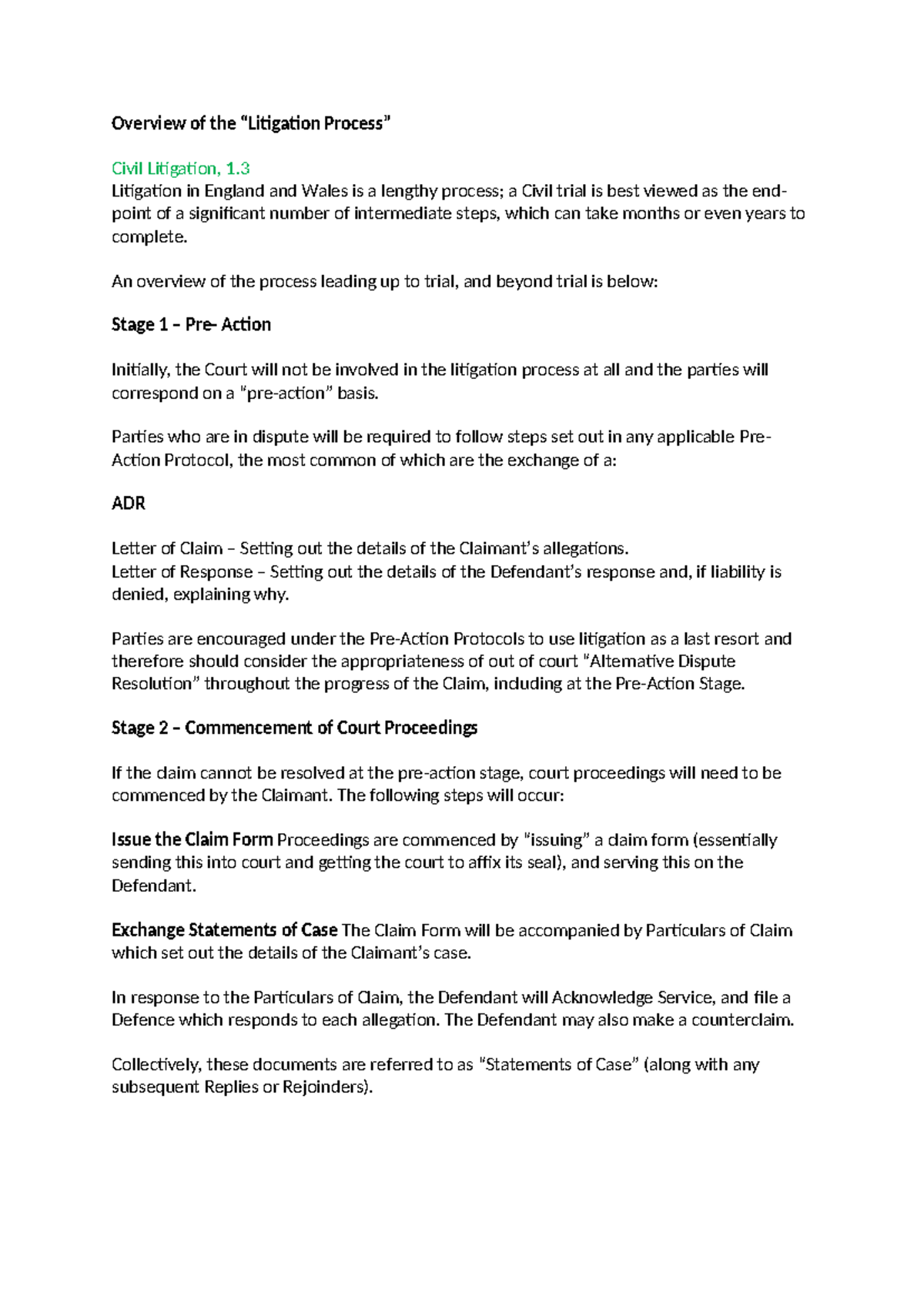 Print - notes - Overview of the “Litigation Process” Civil Litigation ...
