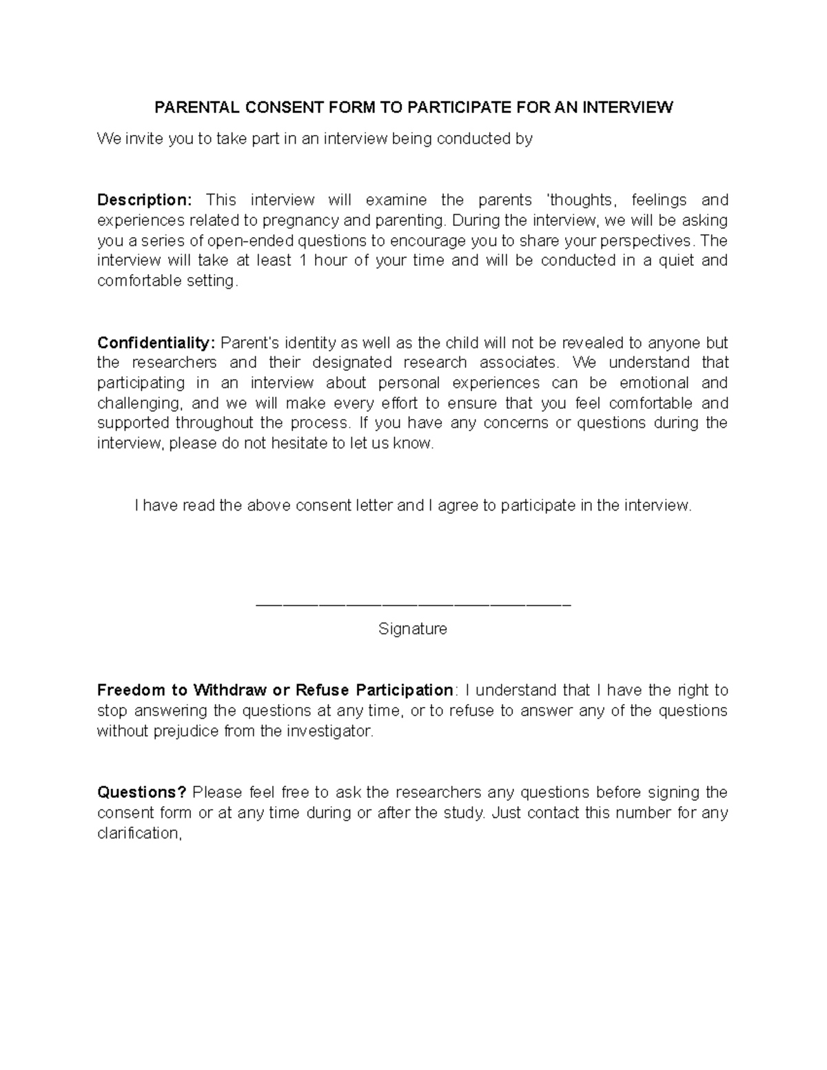 Research Participant Consent Form Sample for Case Study Interview - Studocu
