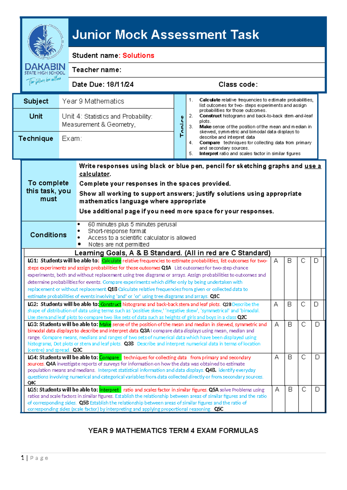 Junior Mock Exam Solutions Year 9 Math T4 2024 - Junior Mock Assessment ...