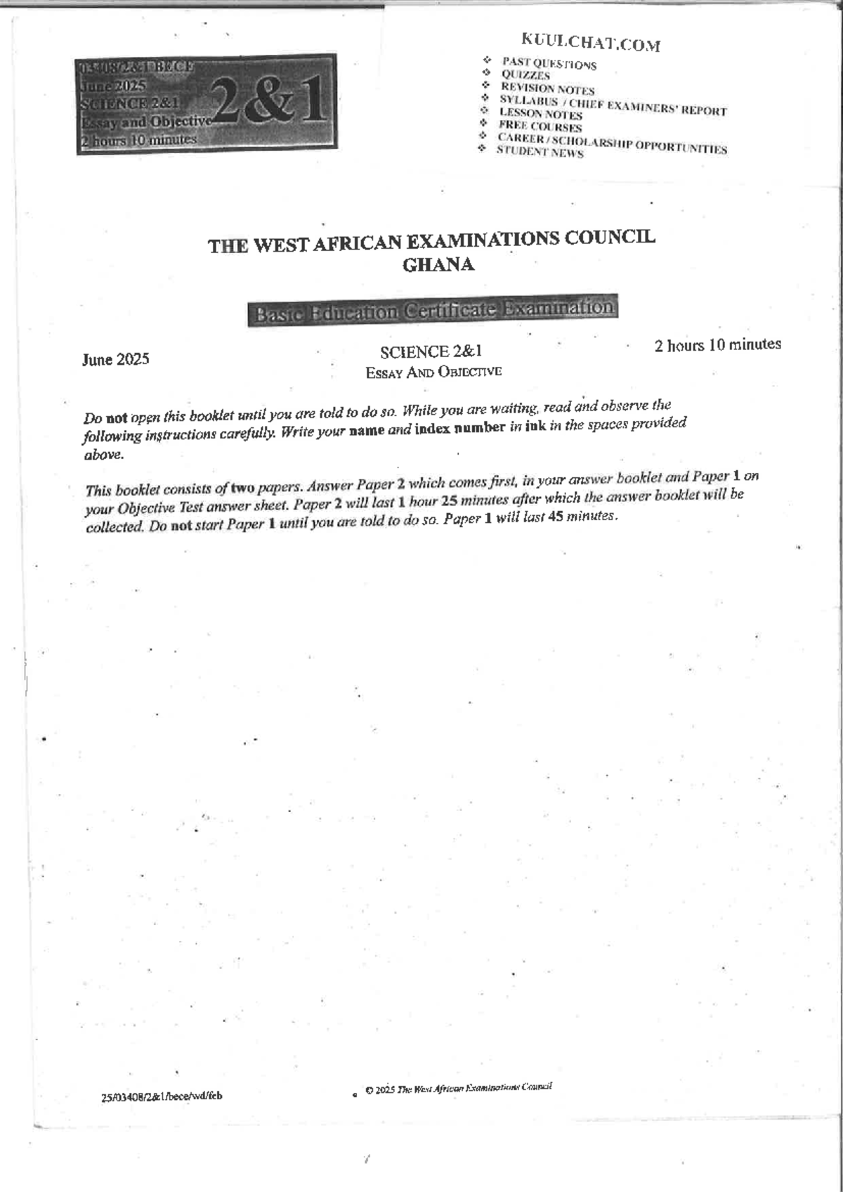 BECE 2025 SCIENCE ESSAY & OBJECTIVE TEST REVISION NOTES - Studocu