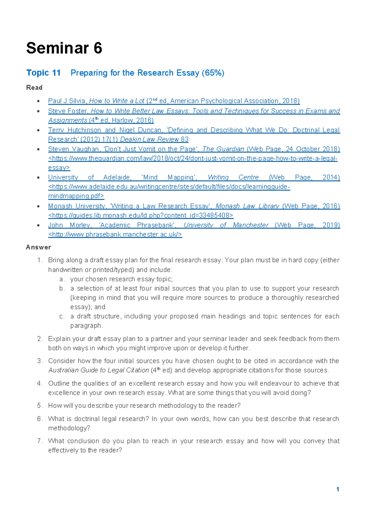 Seminar 6 Guide: Preparing for the Research Essay (Final Research ...