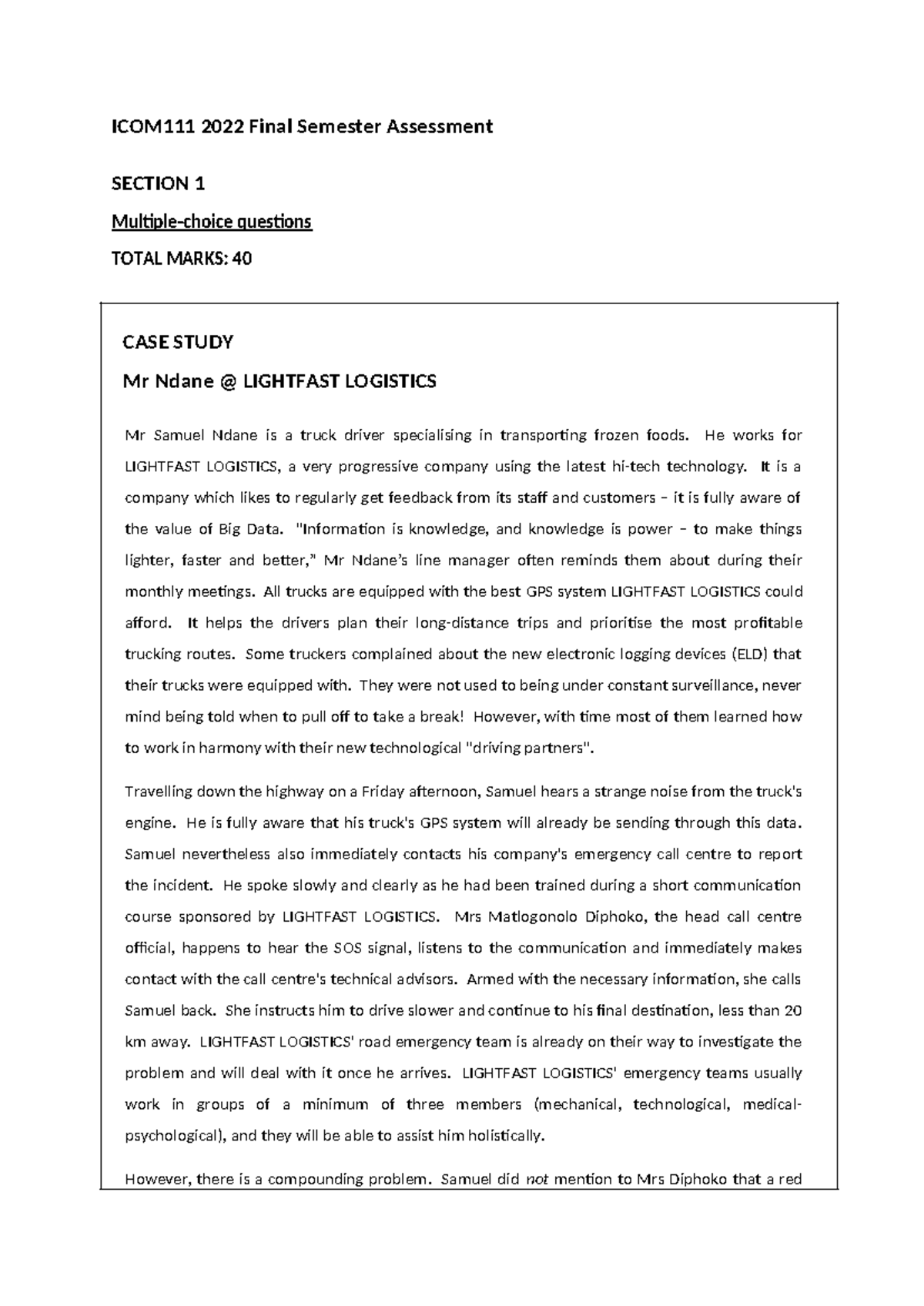 2022 Final Semester Assessment: Case Study on LIGHTFAST LOGISTICS - Studocu