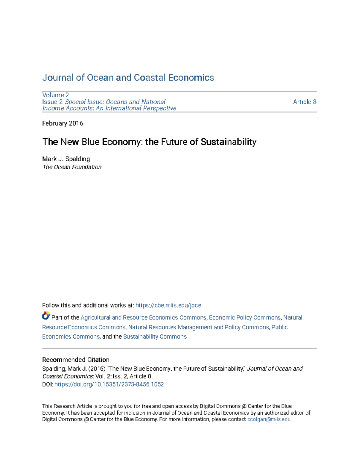 The New Blue Economy: Future Sustainability Insights (JCE 2:2 Art. 8 ...
