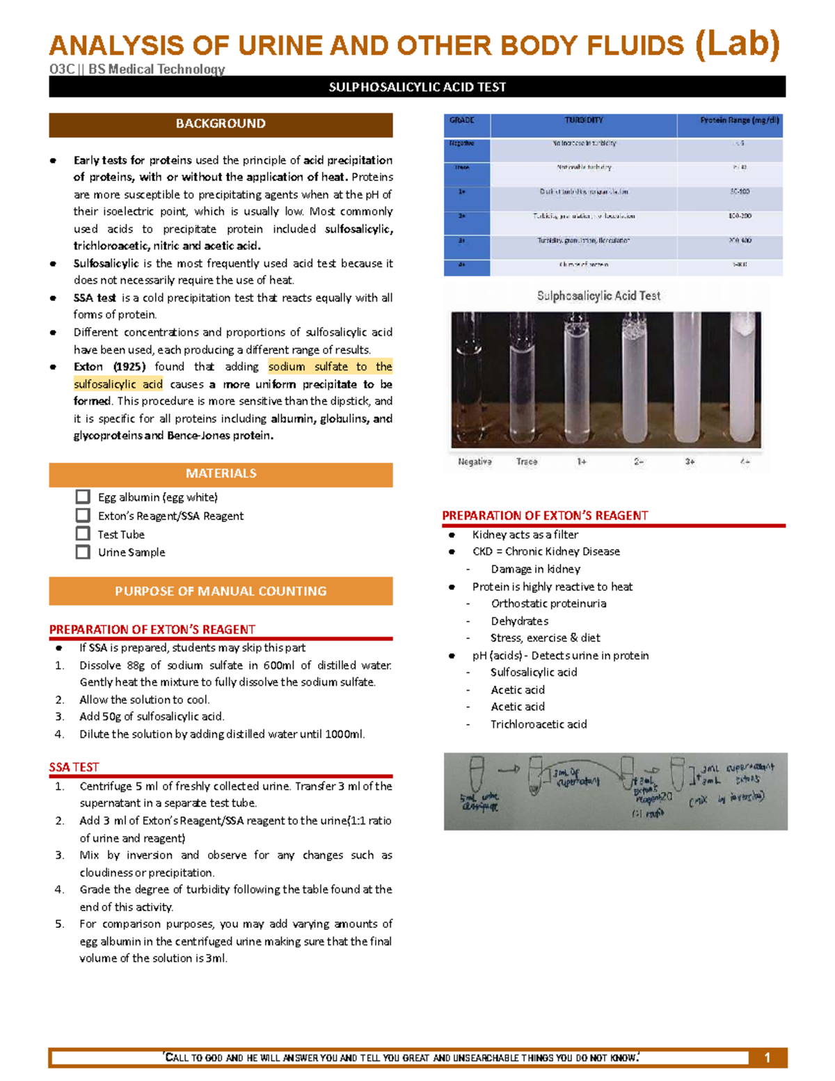 AUBF Lab Prelim: Sulphosalicylic Acid Test Analysis - Studocu