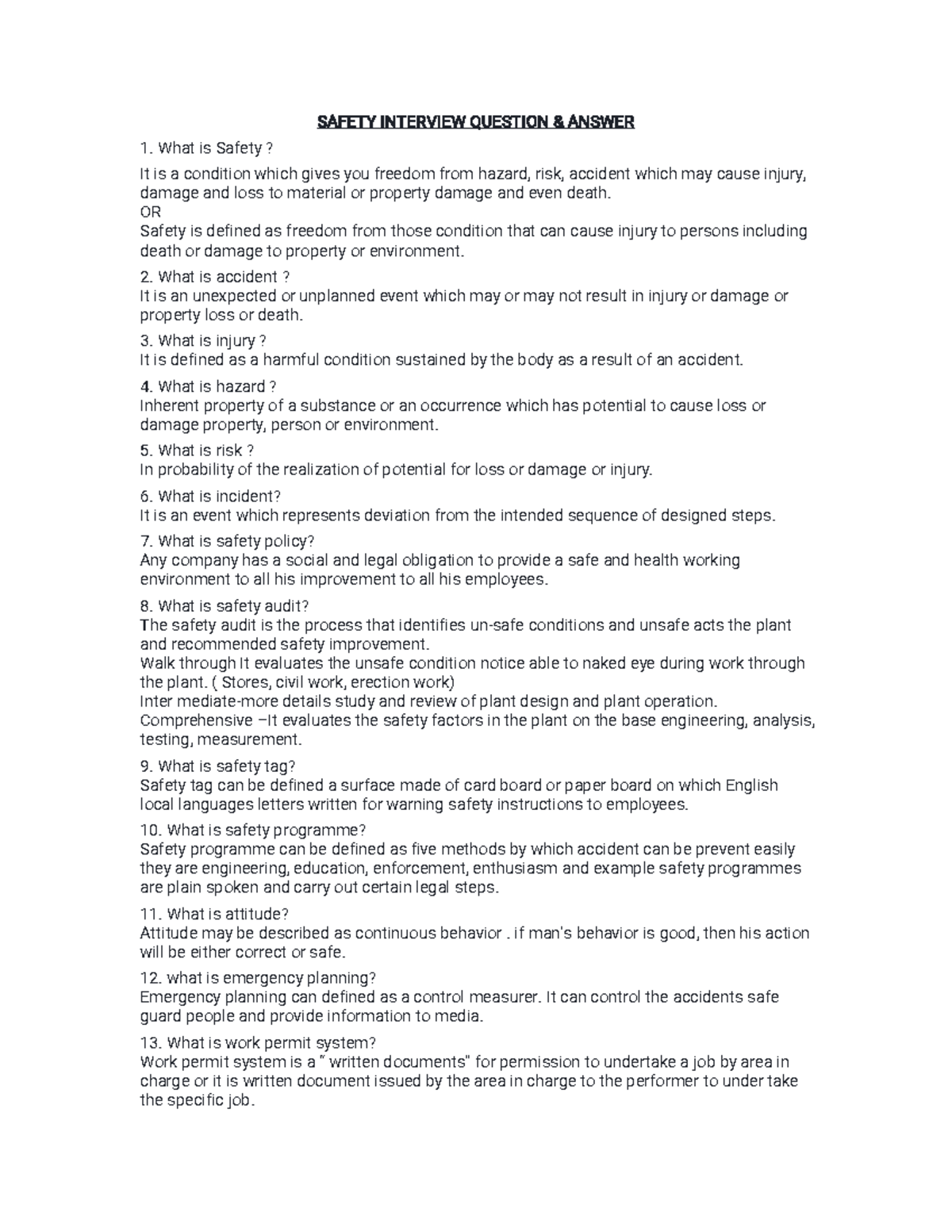 Safety Interview Questions and Answers (02) - Studocu