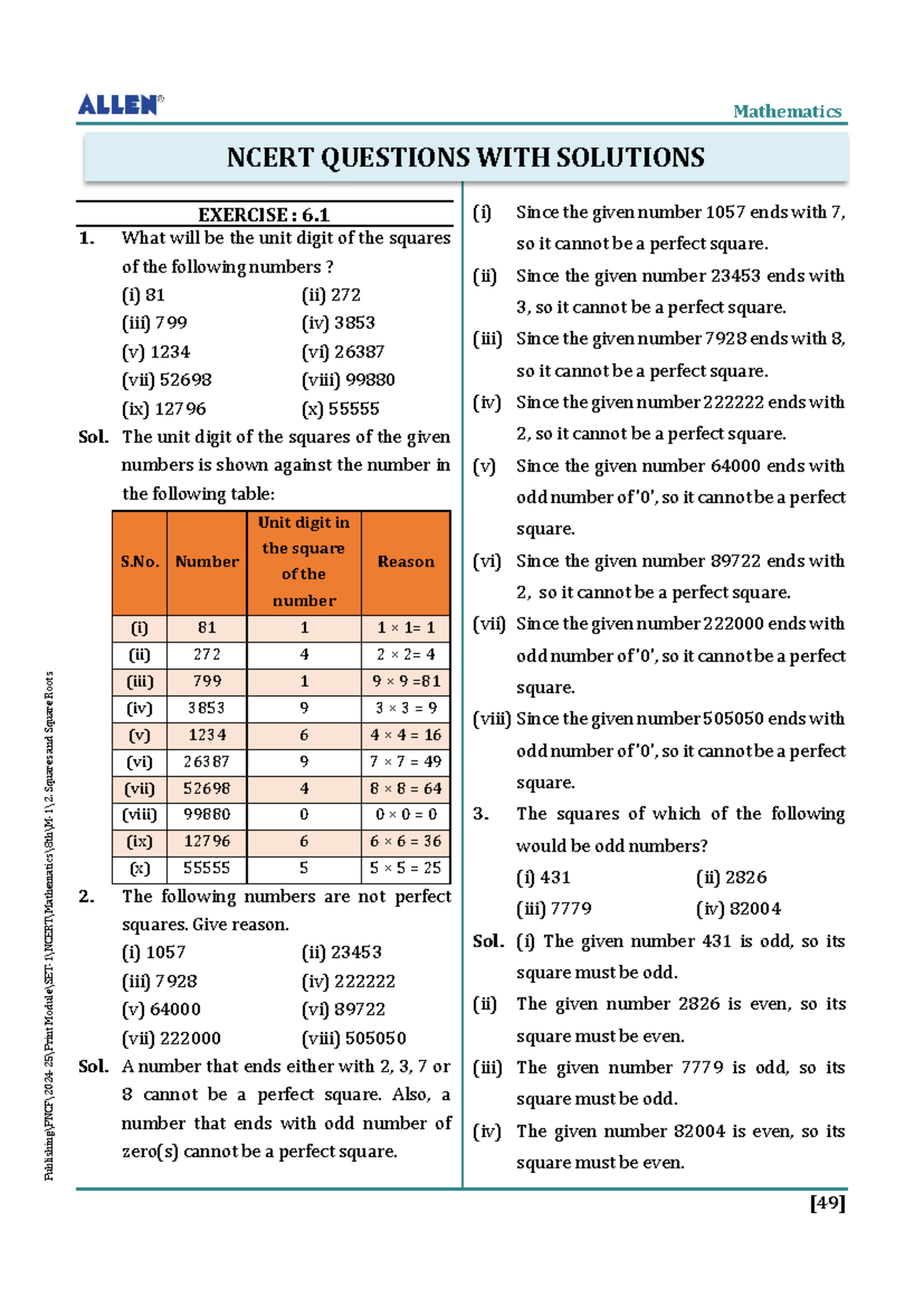 Mathematics NCERT: Squares and Square Roots Exercise Solutions (Class 8) -  Studocu