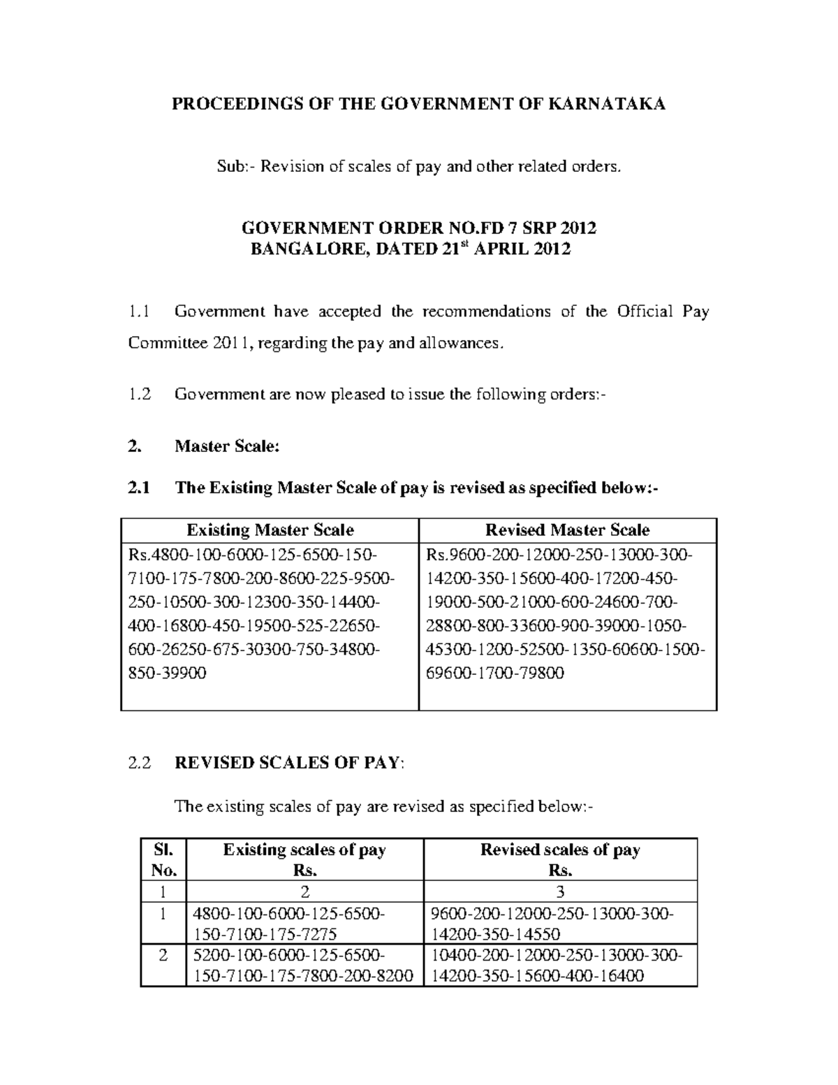 Karnataka Government Order FD 7 SRP 2012: Revised Pay Scales - Studocu