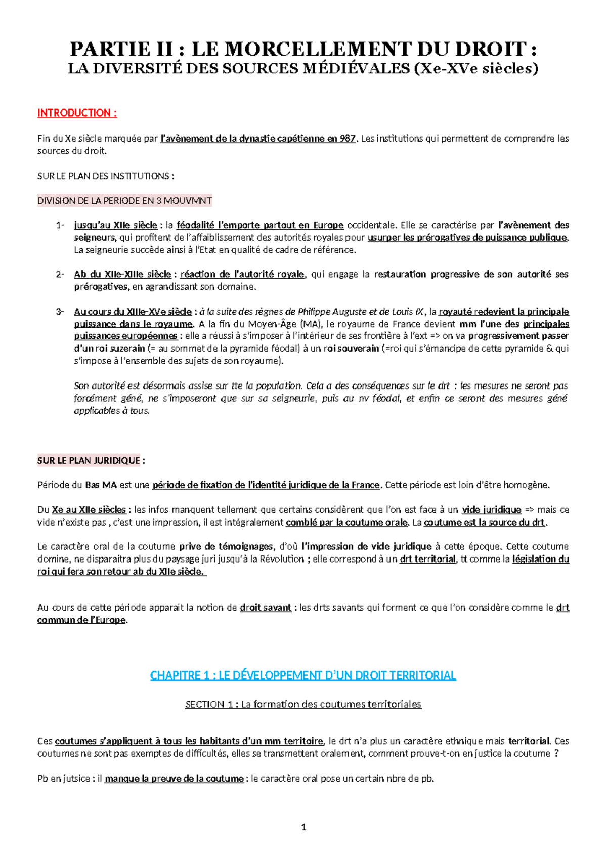 HDD S1 Partie 2 Chap 1 - Évolution des Coutumes Territoriales en Droit ...