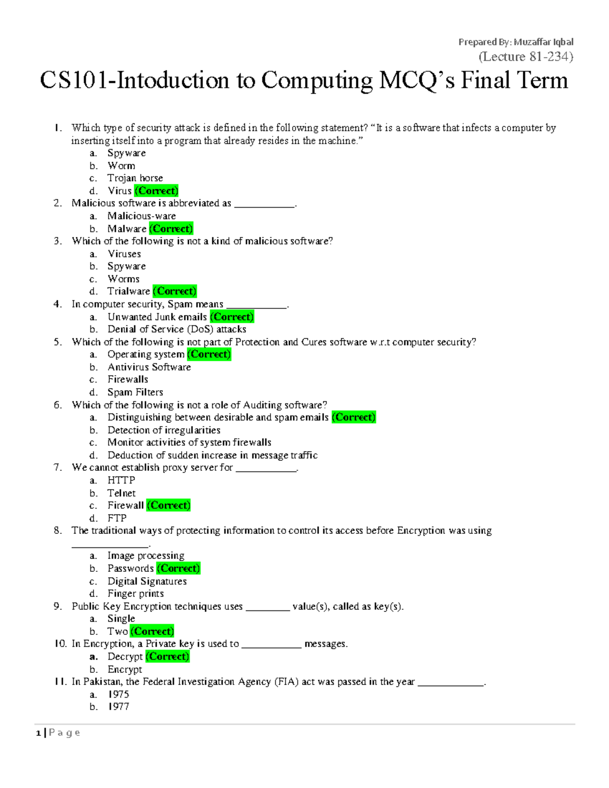 CS101-MCQs Final Term Prepared by Muzaffar Iqbal - (Lecture 81-234 ...