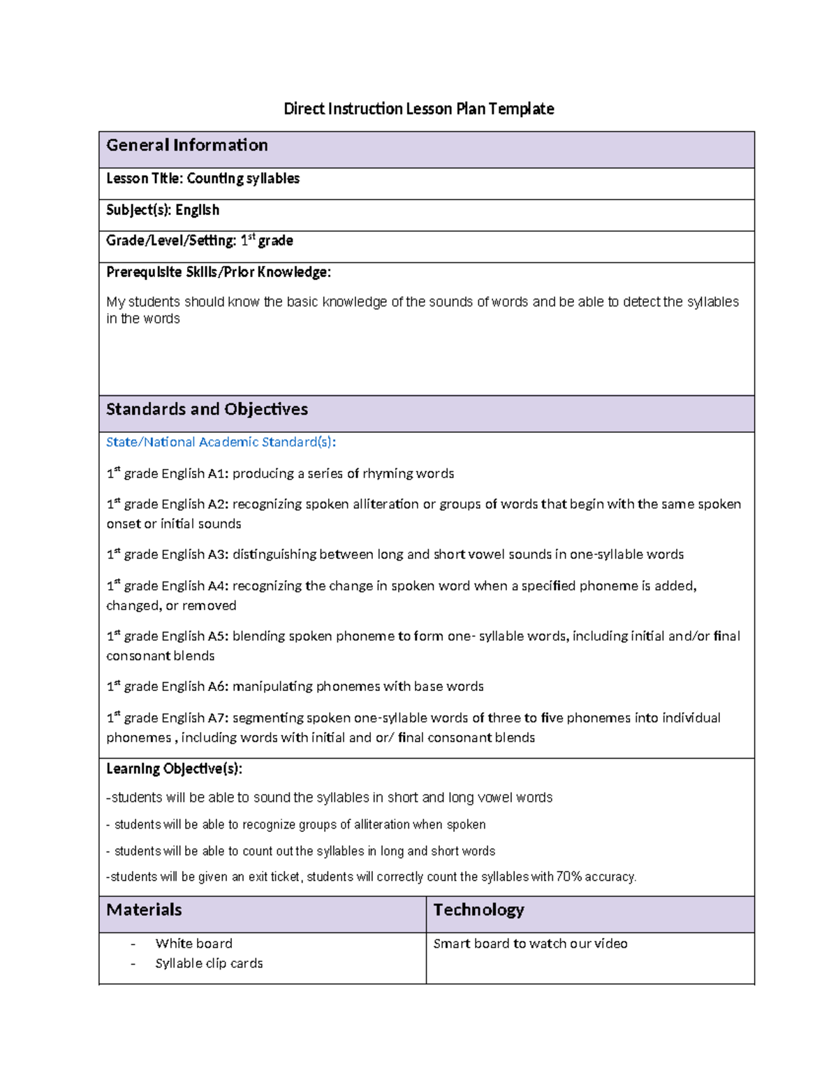 Counting Syllables Lesson Plan for 1st Grade - ENG101 - Studocu