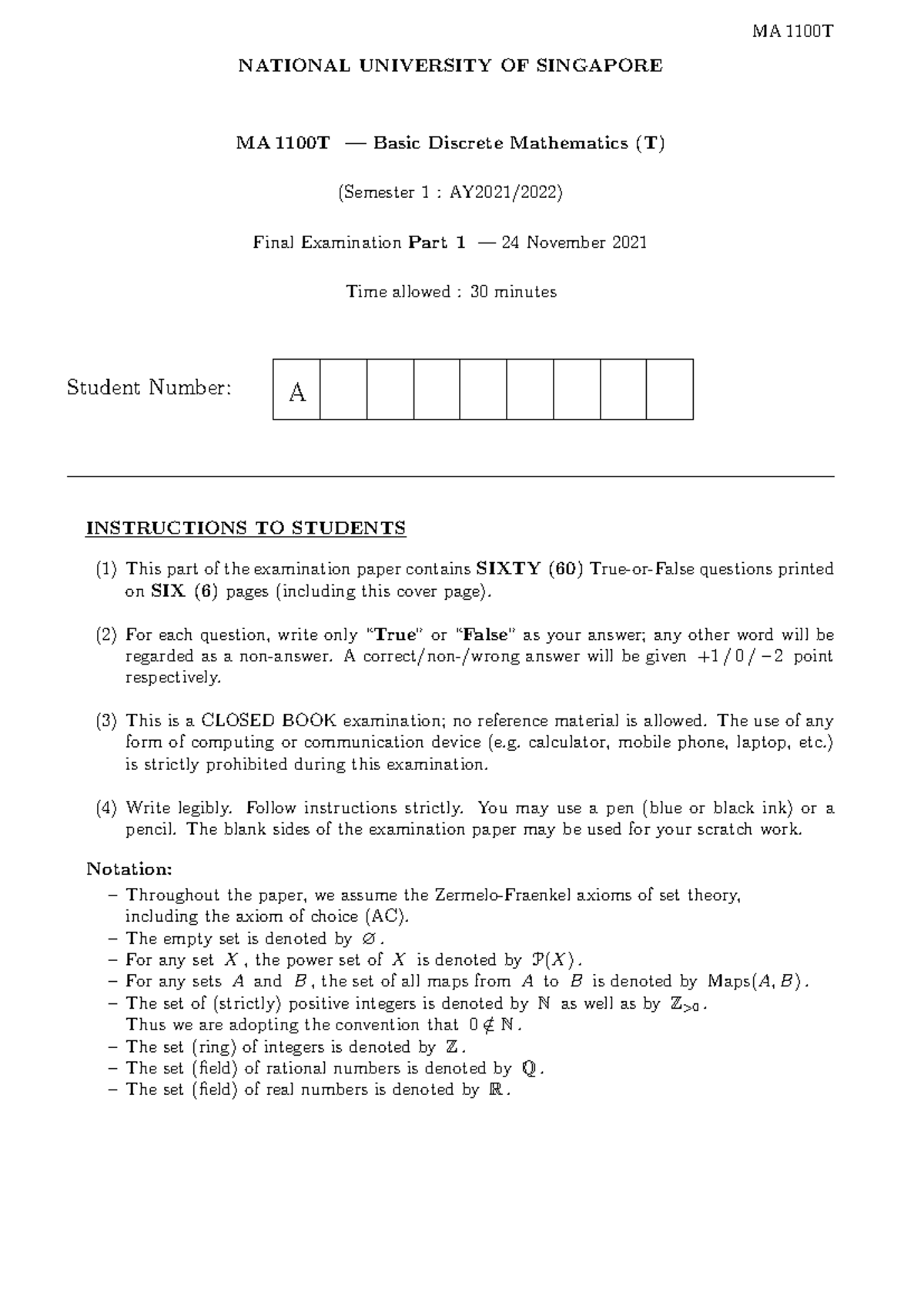 MA1100T AY21/22 - Final Exam Test Paper (Parts 1 & 2) - Studocu