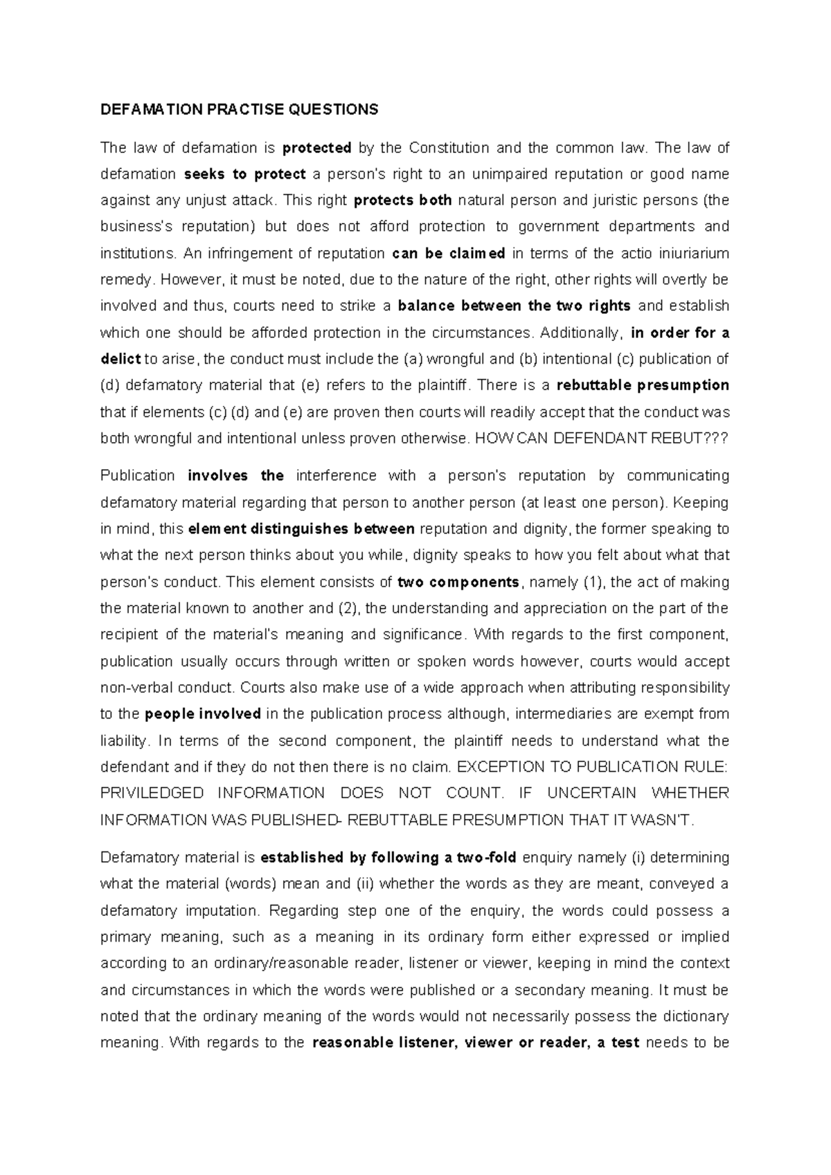 Defamation Law: Key Practice Questions and Concepts for Study - Studocu
