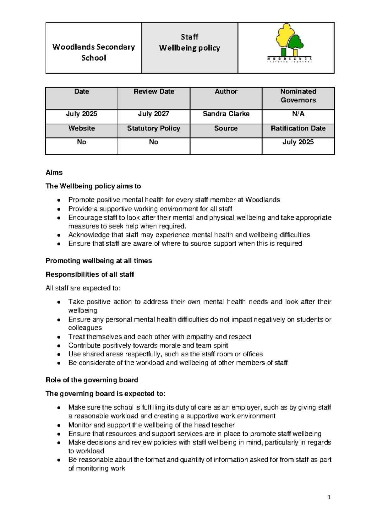 Staff Wellbeing Policy (WSS 2025-2027): Promoting Mental Health at Work ...