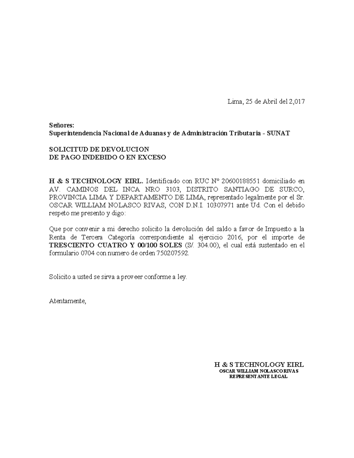 Carta SUNAT: Solicitud de Devolución de Pago Indebido (Modelo) - Document Preview