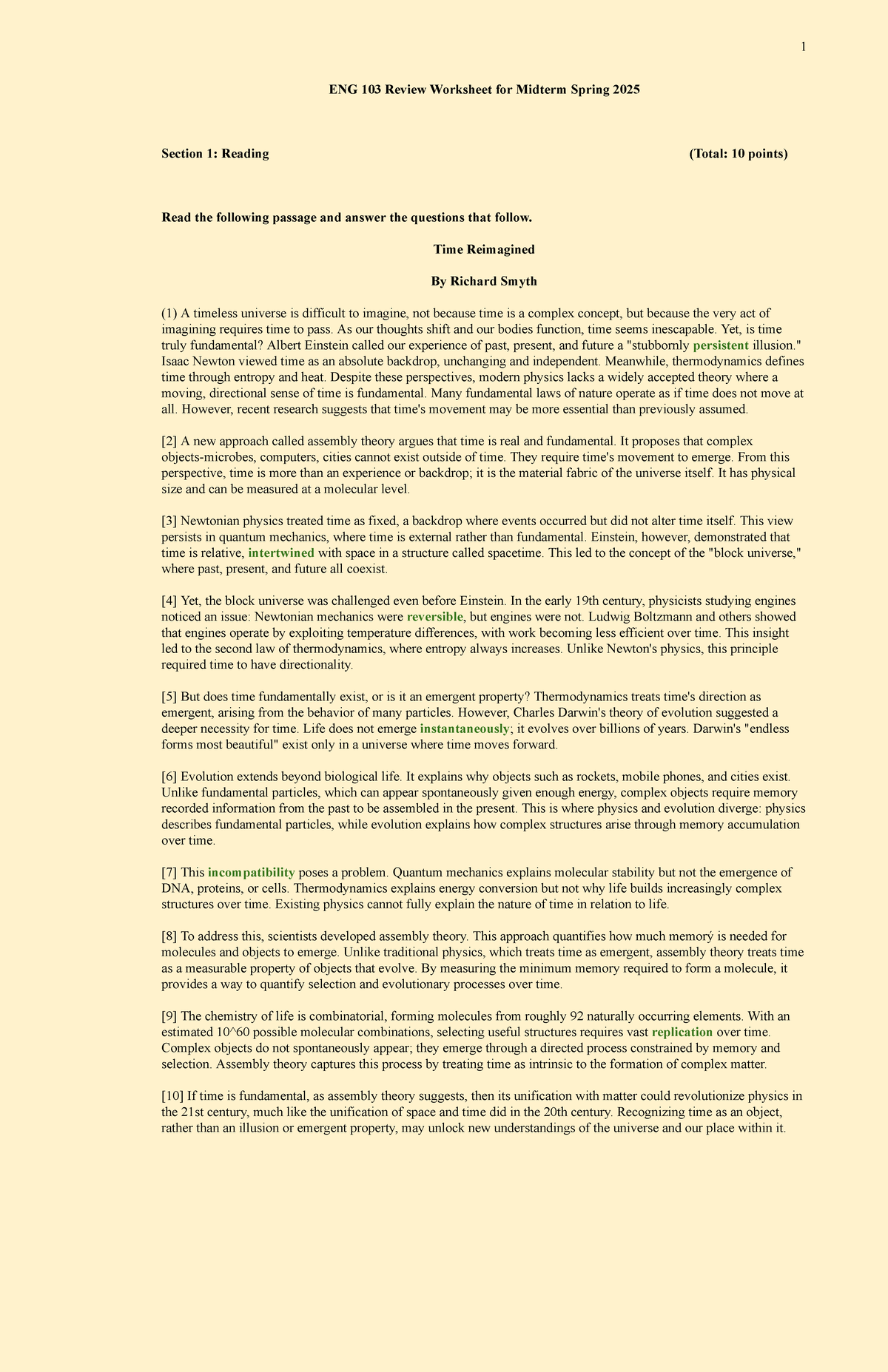 ENG 103 MID Review Worksheet: Time Reimagined - Spring 2025 - Studocu