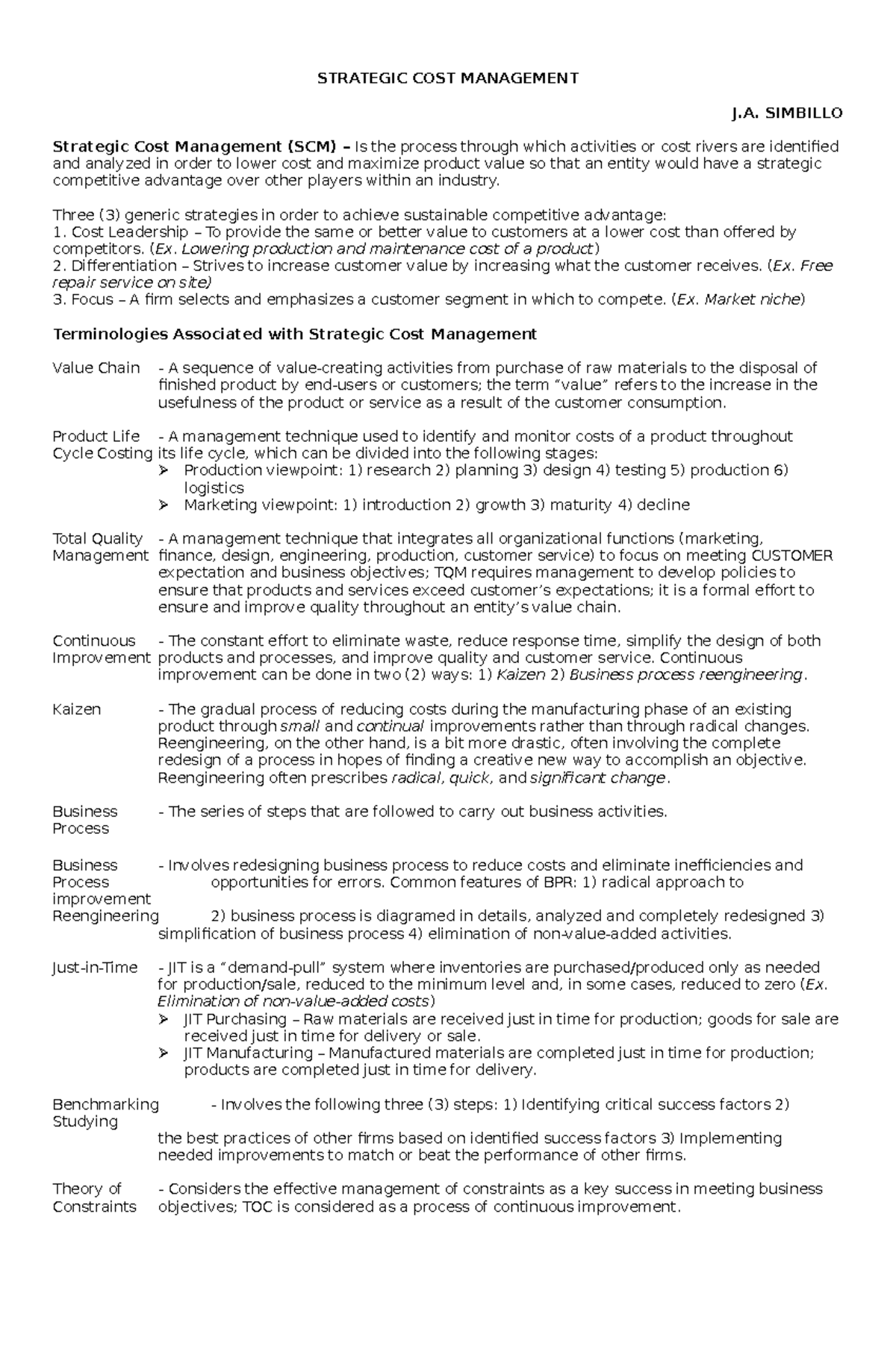 Strategic Cost Management Overview and Key Concepts - SCM Handout - Studocu