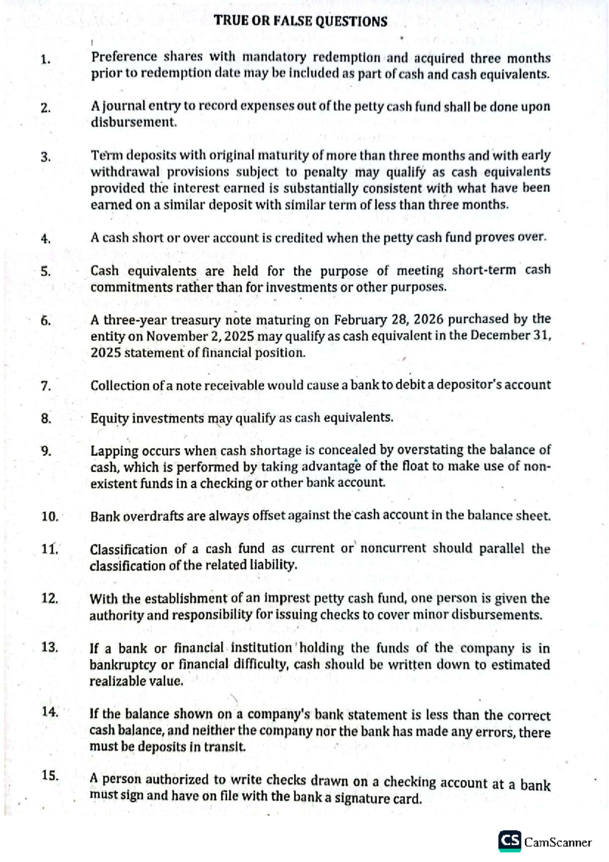 ACED 6 Seatwork: True or False Questions on Cash Equivalents - Studocu