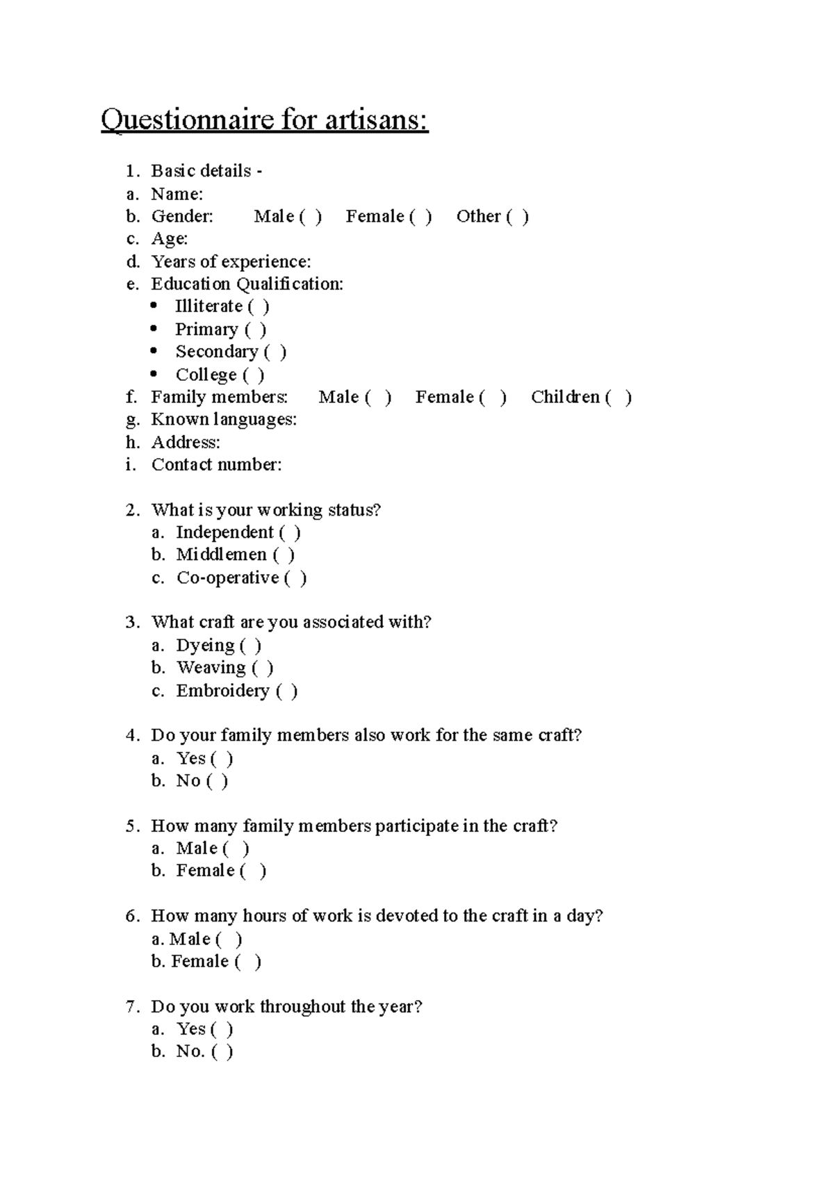 Questionnaire for Artisans: Socioeconomic MCQs and Craft Insights - Studocu