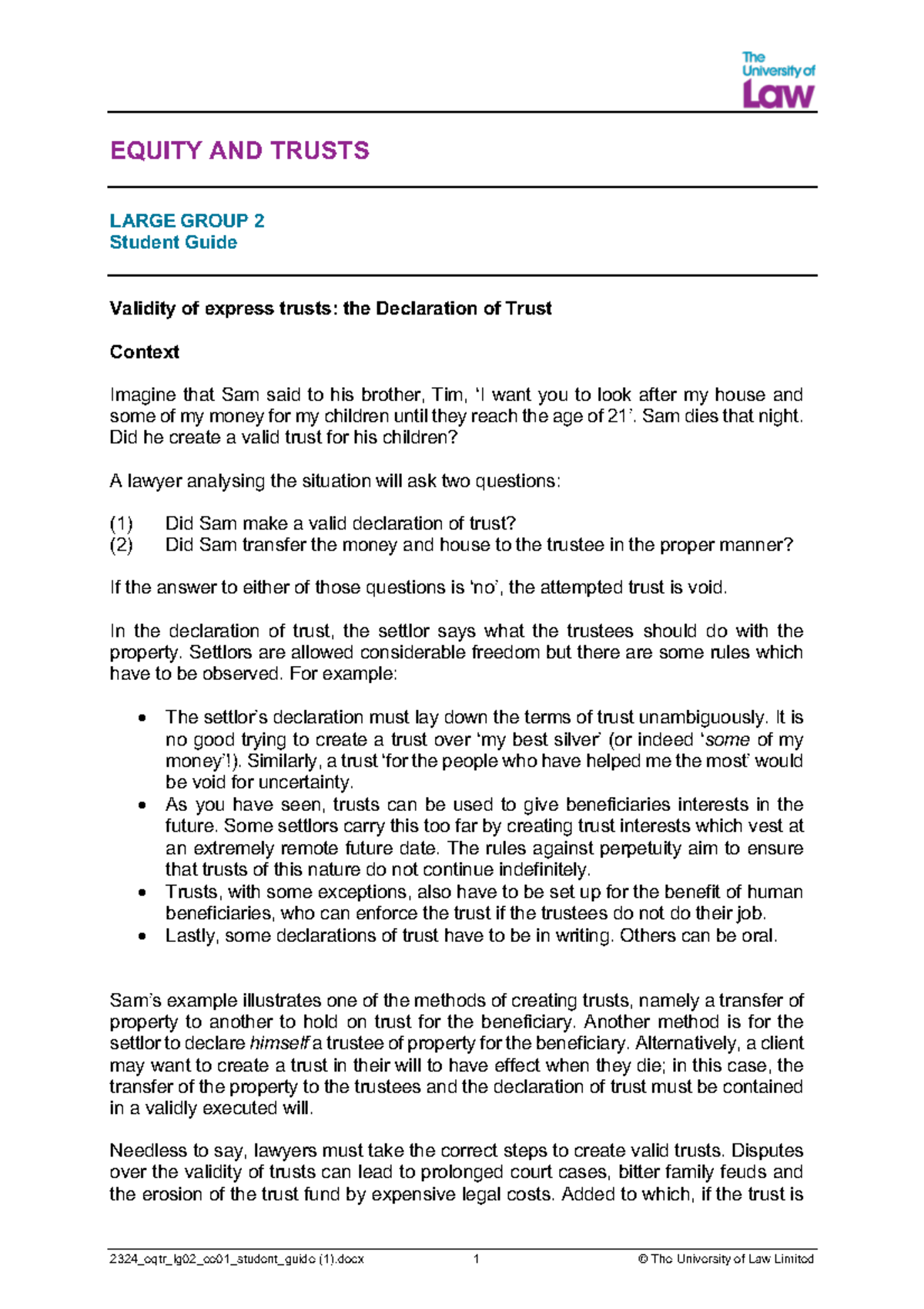 Student Guide for Equity and Trusts: Validity of Express Trusts (LG2 ...