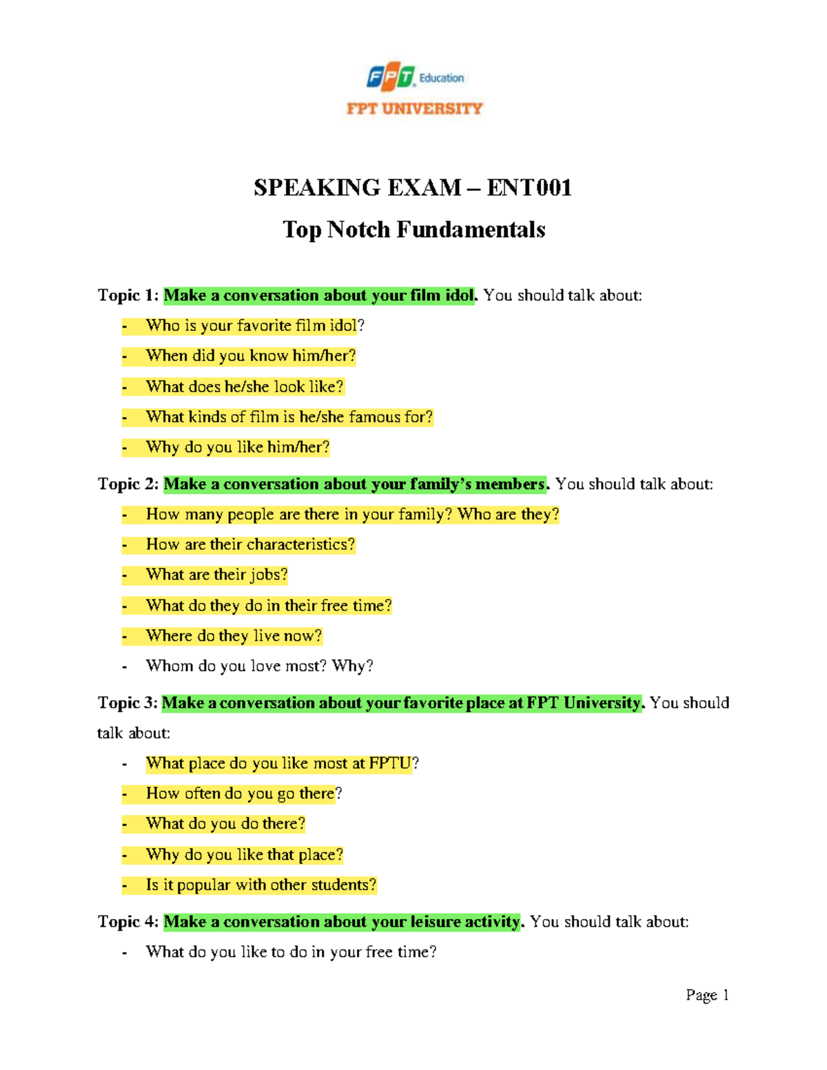ENT001 FE Speaking Exam Students - Page 1 SPEAKING EXAM – ENT Top Notch ...