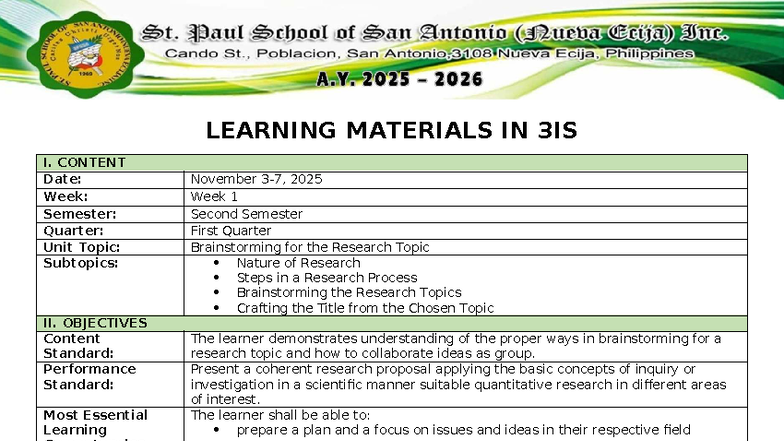 3IS Week 1 Learning Materials: Brainstorming Research Topics - Studocu