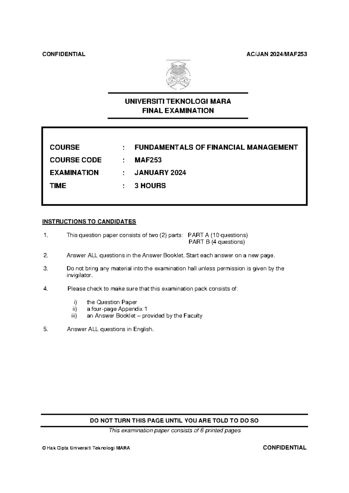 2024 JAN MAF253 Final Exam: Fundamentals of Financial Management - Studocu