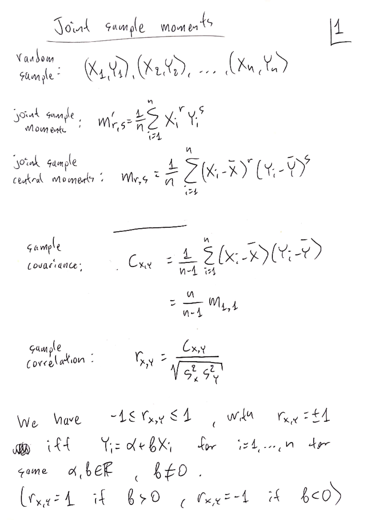 Lecture notes WT W02 L01 - Joint sample moments 1 I random sample (Xn ...