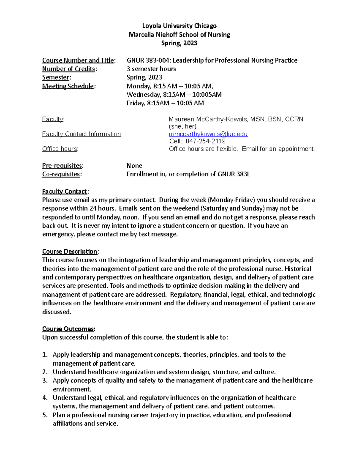 GNUR 383 Leadership for Professional Nursing Practice Syllabus SP 2023 ...